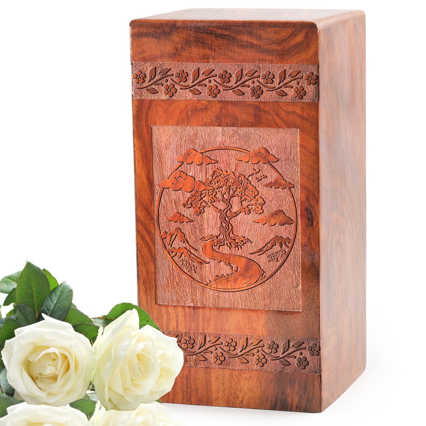 Large Tree of Life Wooden Urn, a memorial keepsake ideal for storing adult male human ashes, excellent choice for burial or cremation.