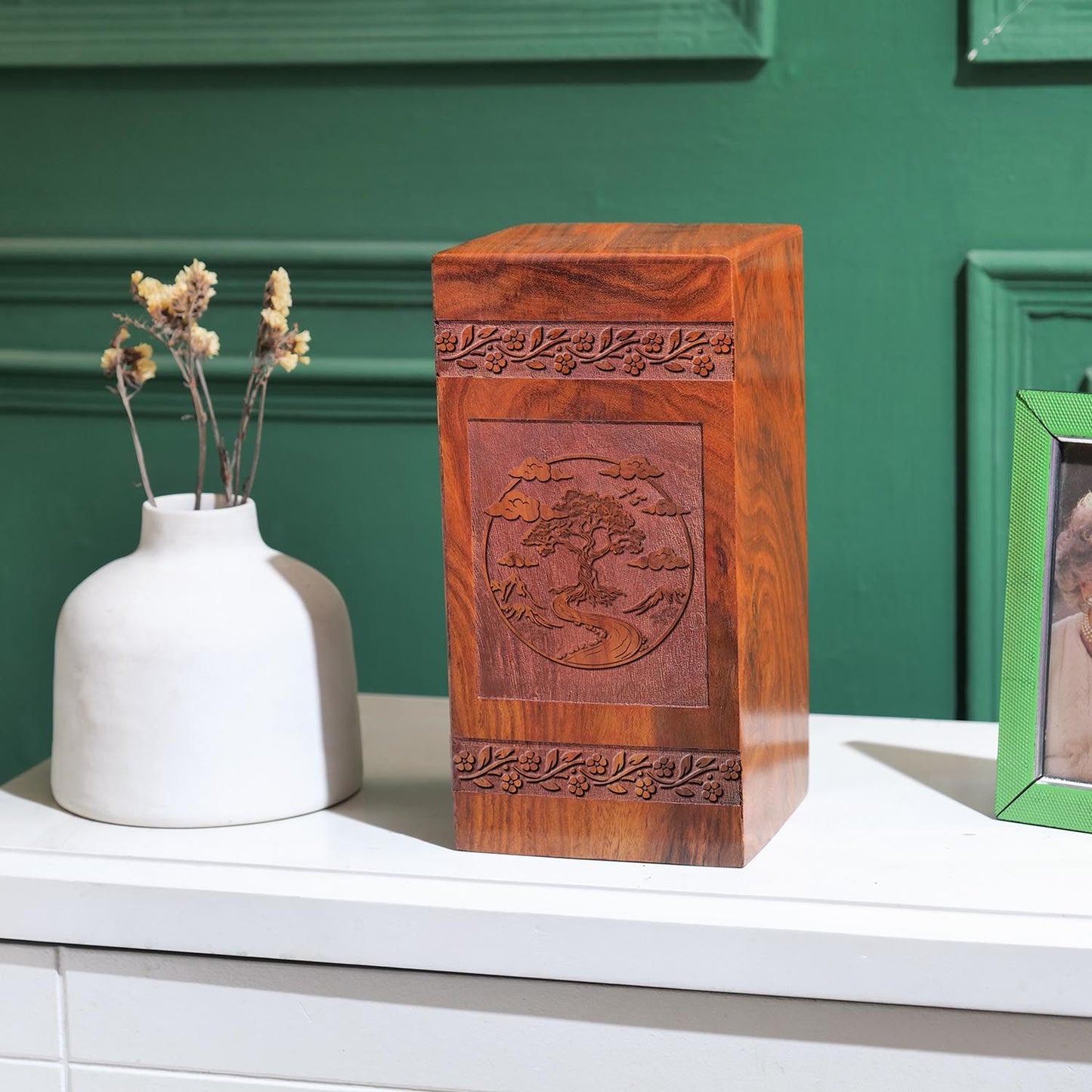 Large Tree of Life Wooden Urn, a memorial keepsake ideal for storing adult male human ashes, excellent choice for burial or cremation.
