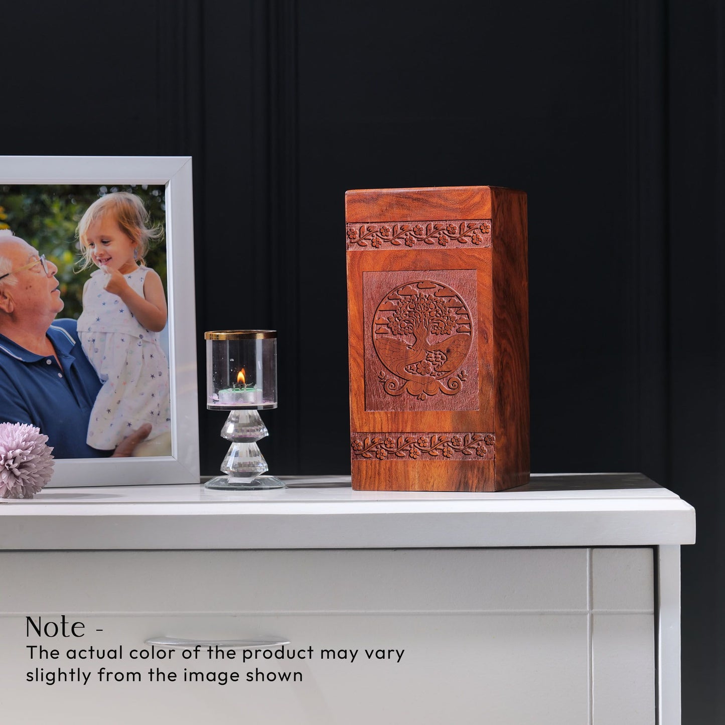 Large Tree of Life wooden urn used for cremation, suitable as a small adult keepsake or companion mini urn for human ashes