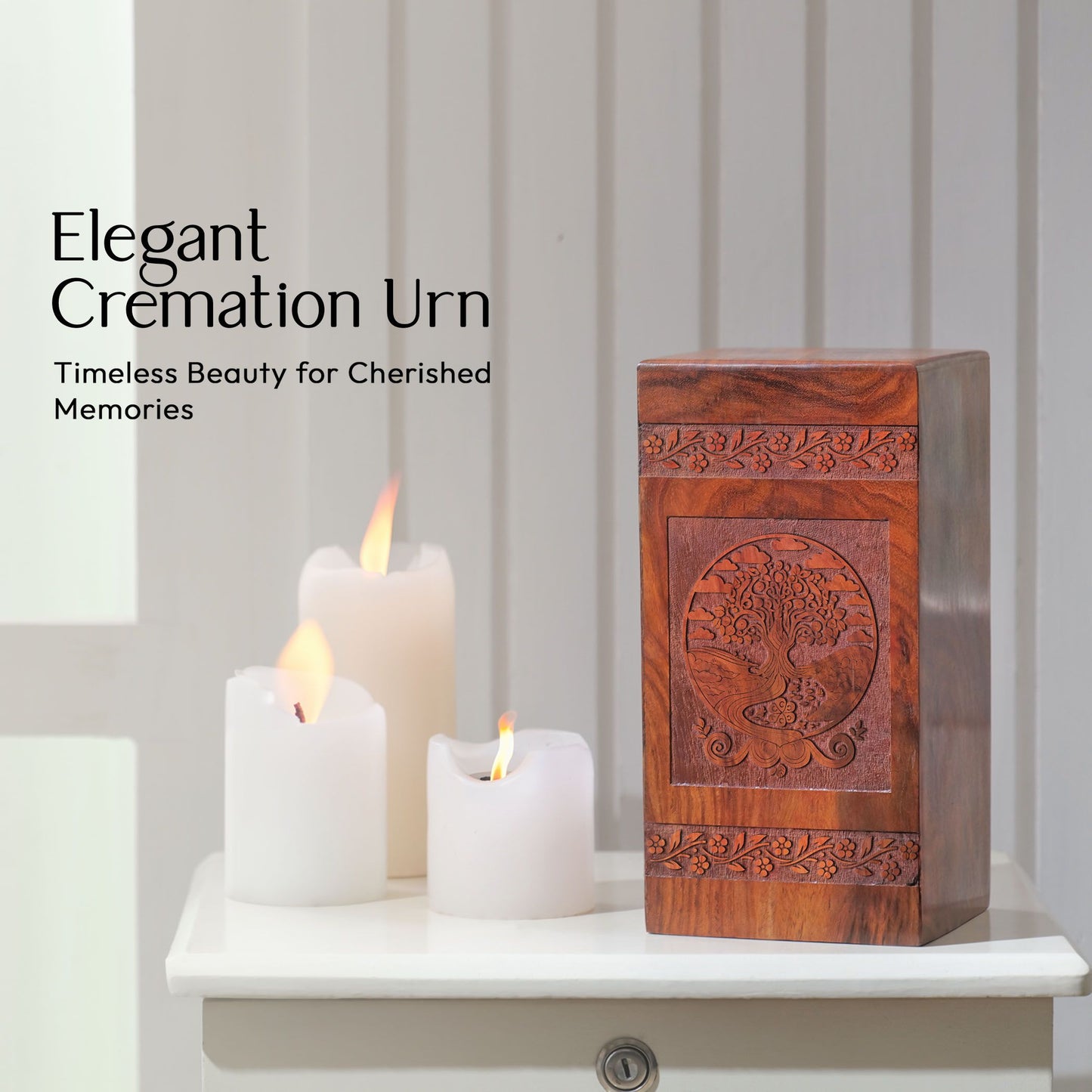 Large Tree of Life wooden urn used for cremation, suitable as a small adult keepsake or companion mini urn for human ashes