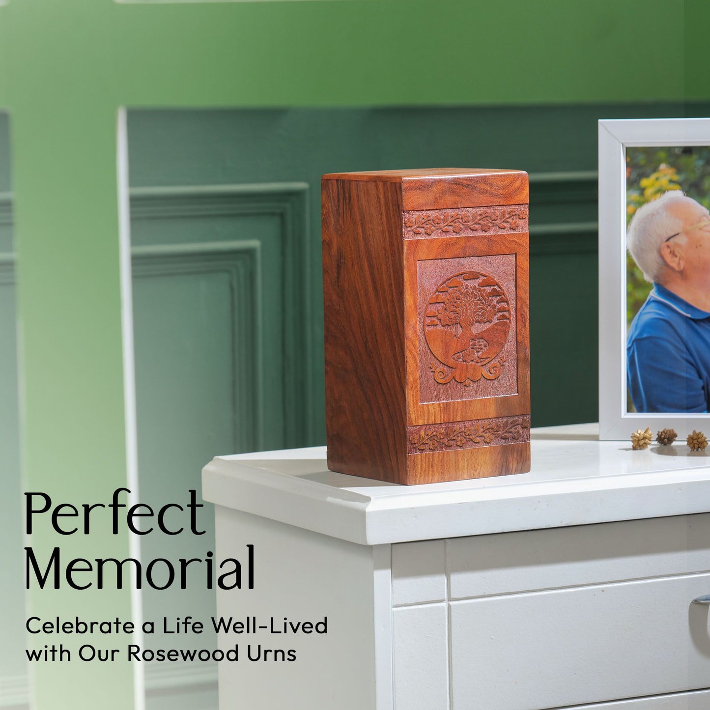 Large Tree of Life wooden urn used for cremation, suitable as a small adult keepsake or companion mini urn for human ashes