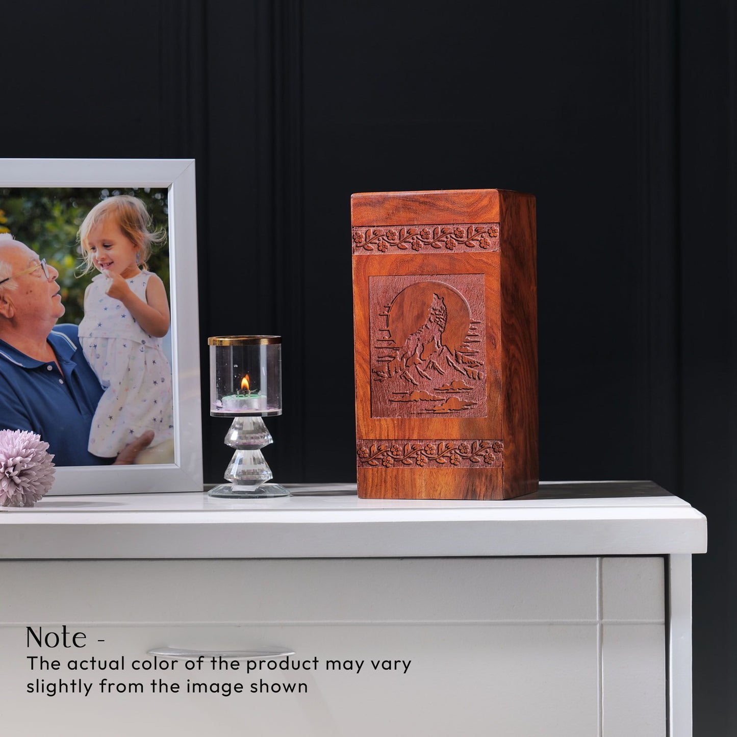 Large, unique wooden urn for human ashes with wolf theme, ideal for funeral or memorial urn use