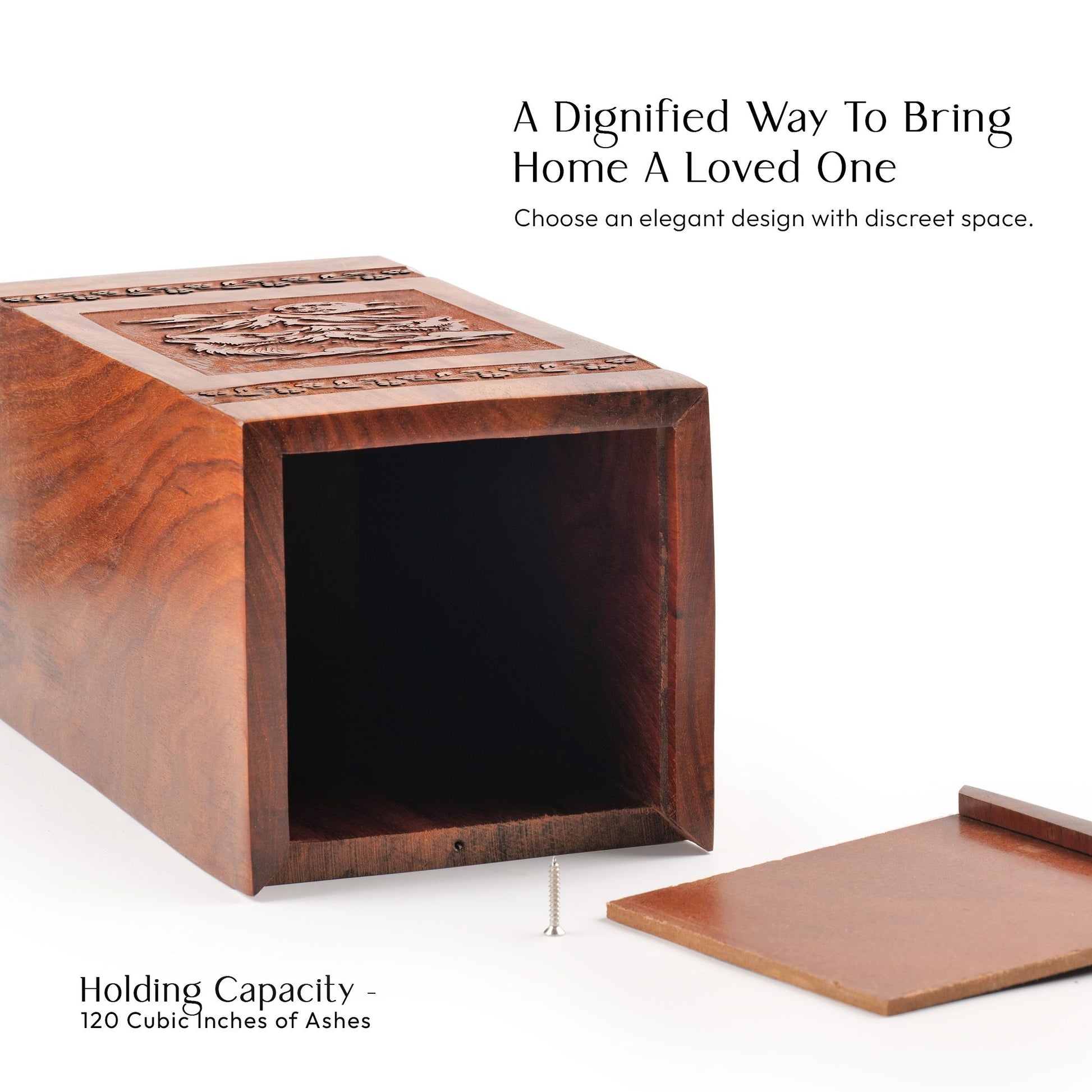 Large wolf-themed wooden urn for preserving human ashes