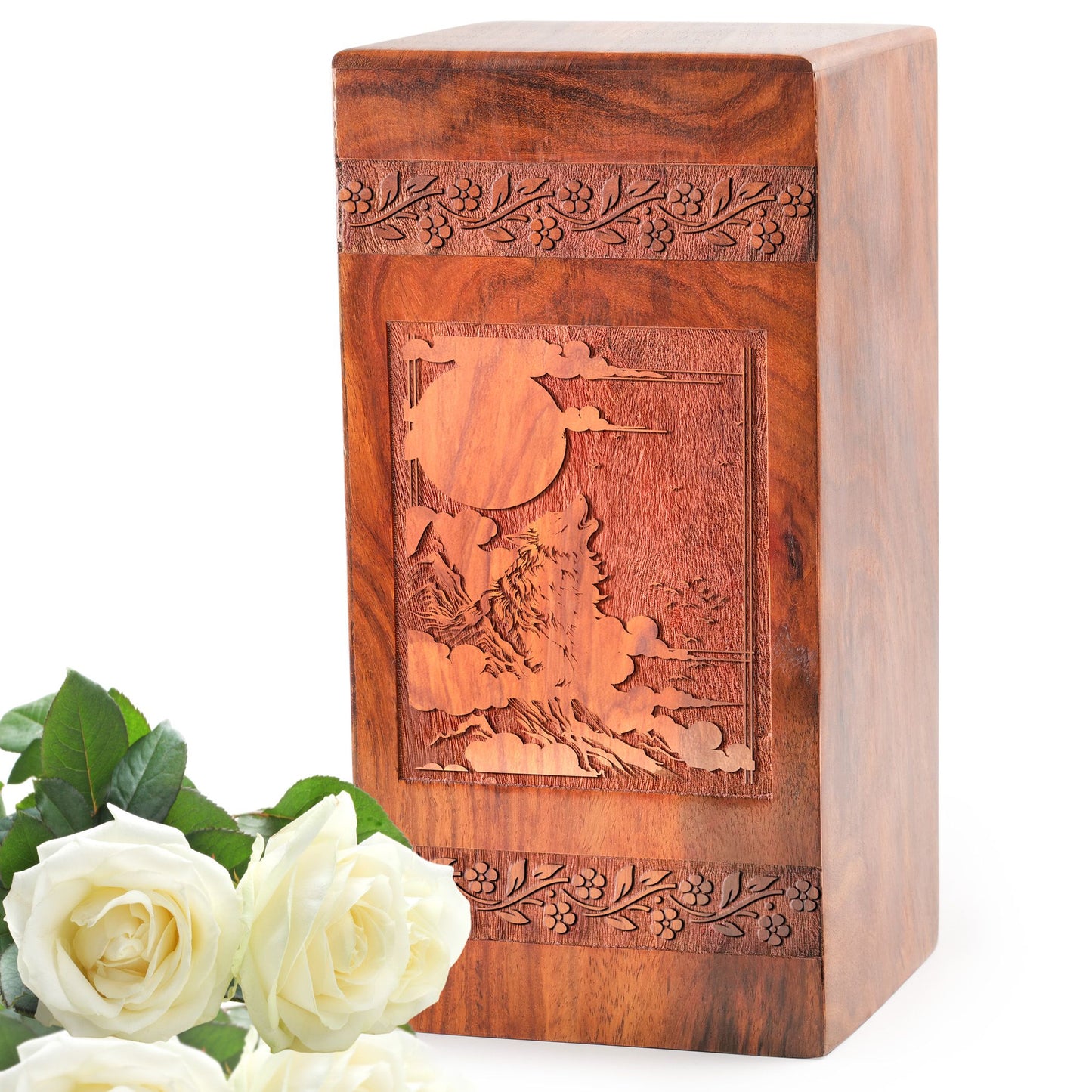 Large Wolf Themed Wooden Urn, Unique Cremation Urn for Adult Male Ashes