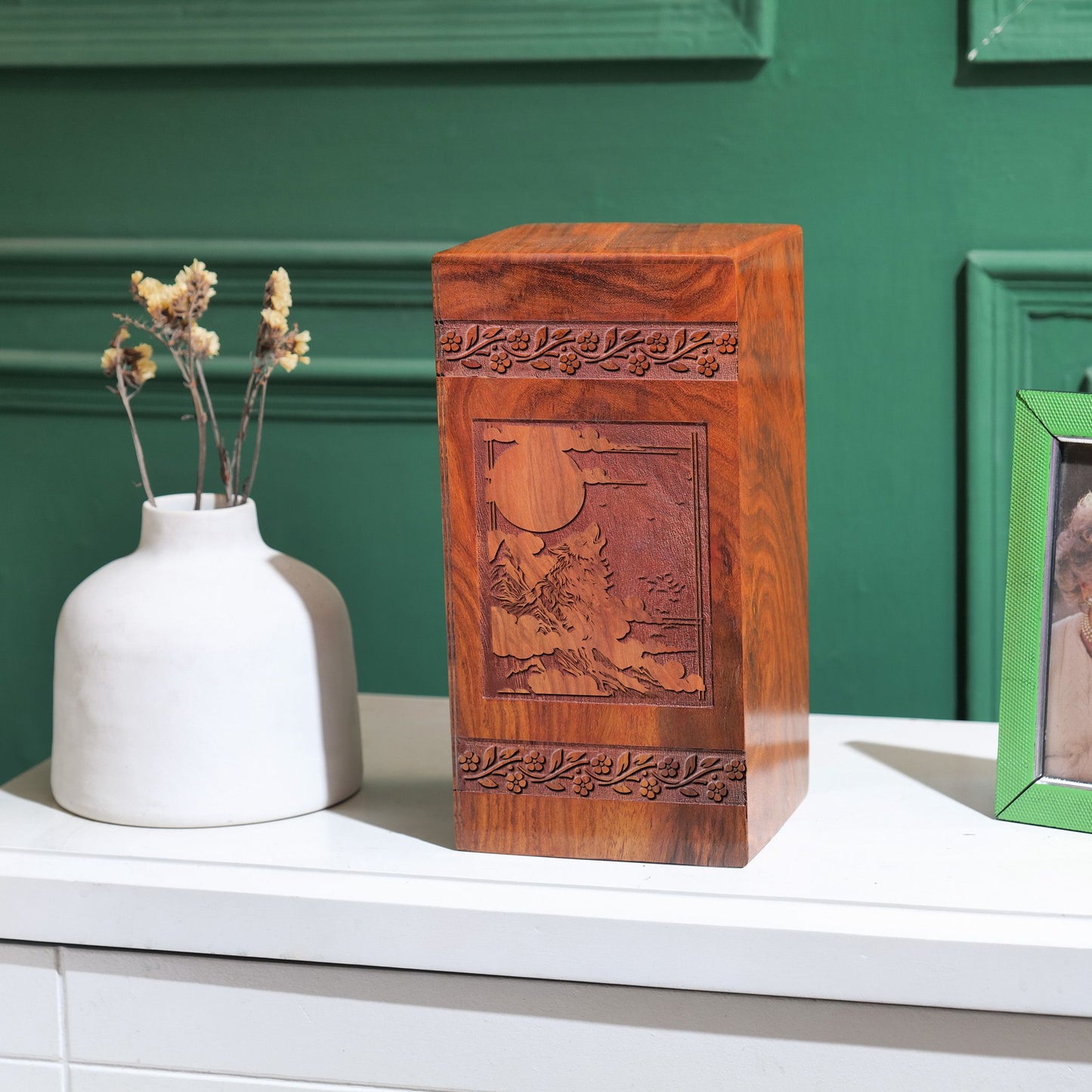 Large Wolf Themed Wooden Urn, Unique Cremation Urn for Adult Male Ashes