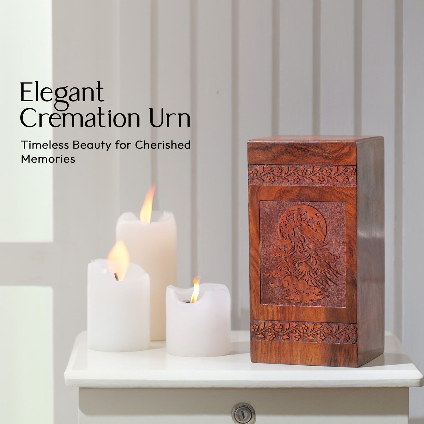 Large wooden urn with an intricate wolf theme designed for preserving cremation ashes, an ideal memorial urn for human ashes.
