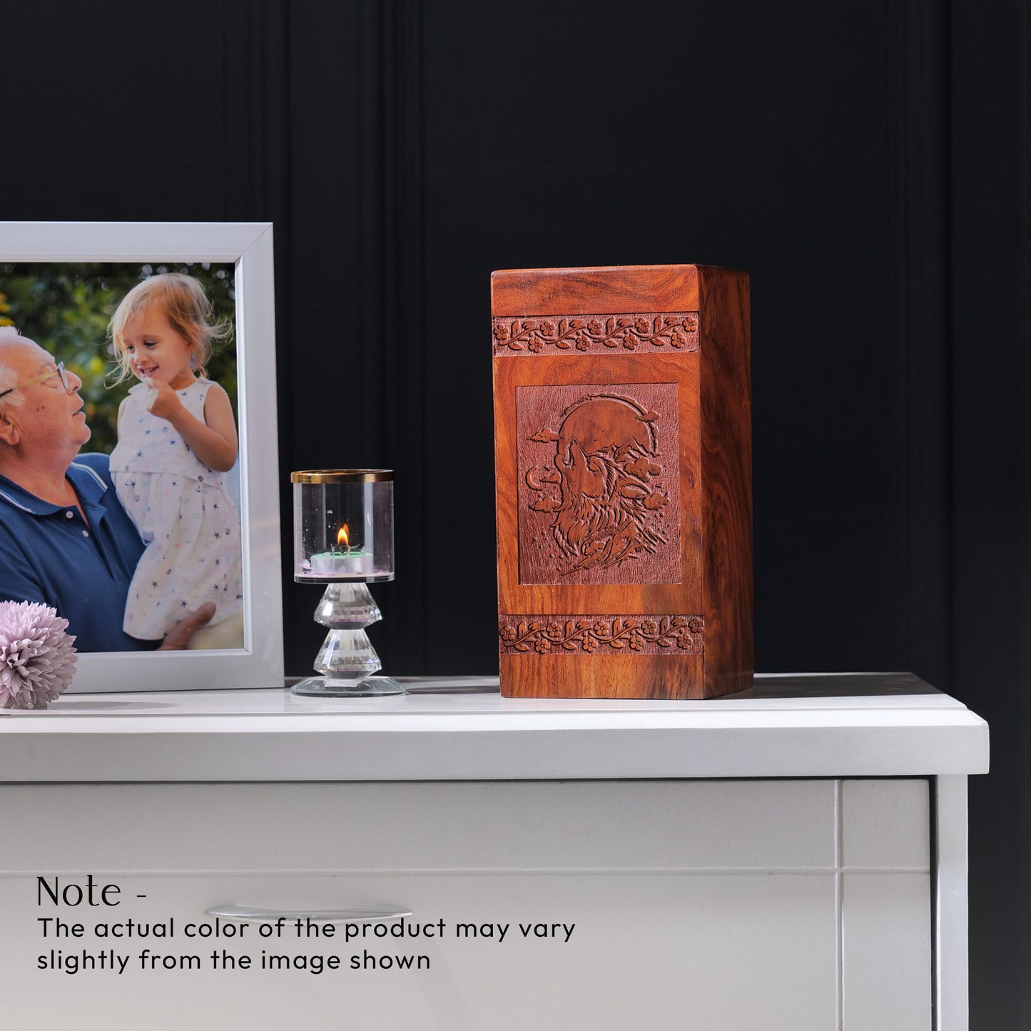 Elegant large wolf-themed wooden urn, a memorial container for adult ashes, perfect for funeral or cremation remembrances
