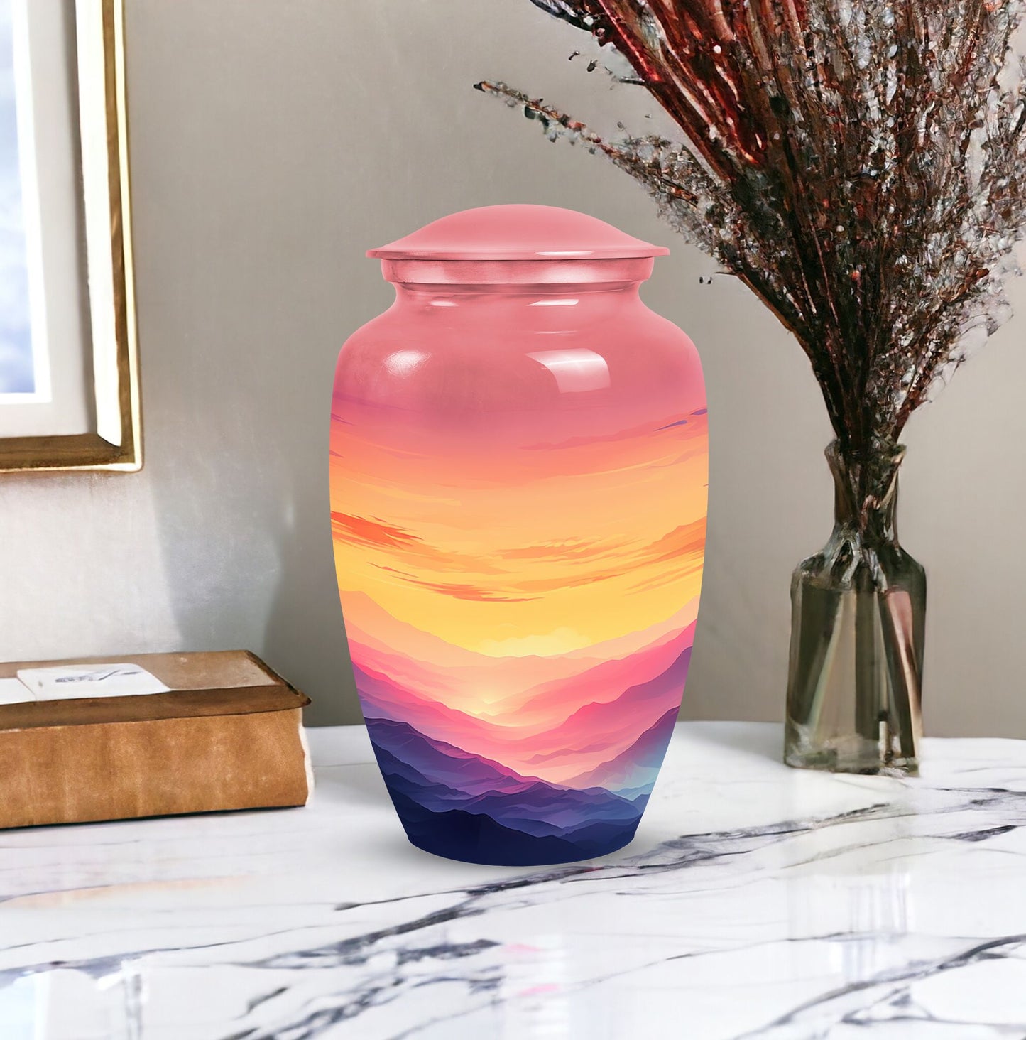 Large mountains themed decorative urn for adult ashes, suitable for men's burial