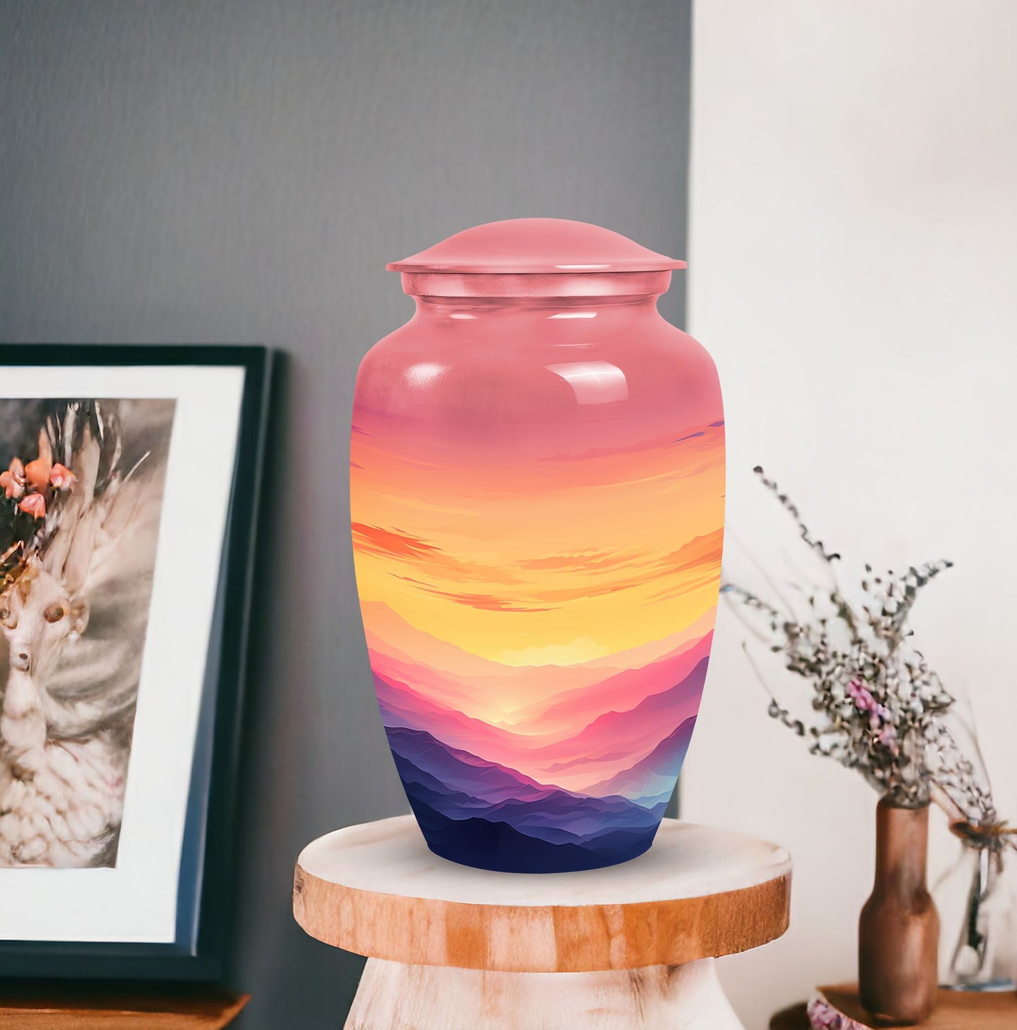 Large mountains themed decorative urn for adult ashes, suitable for men's burial