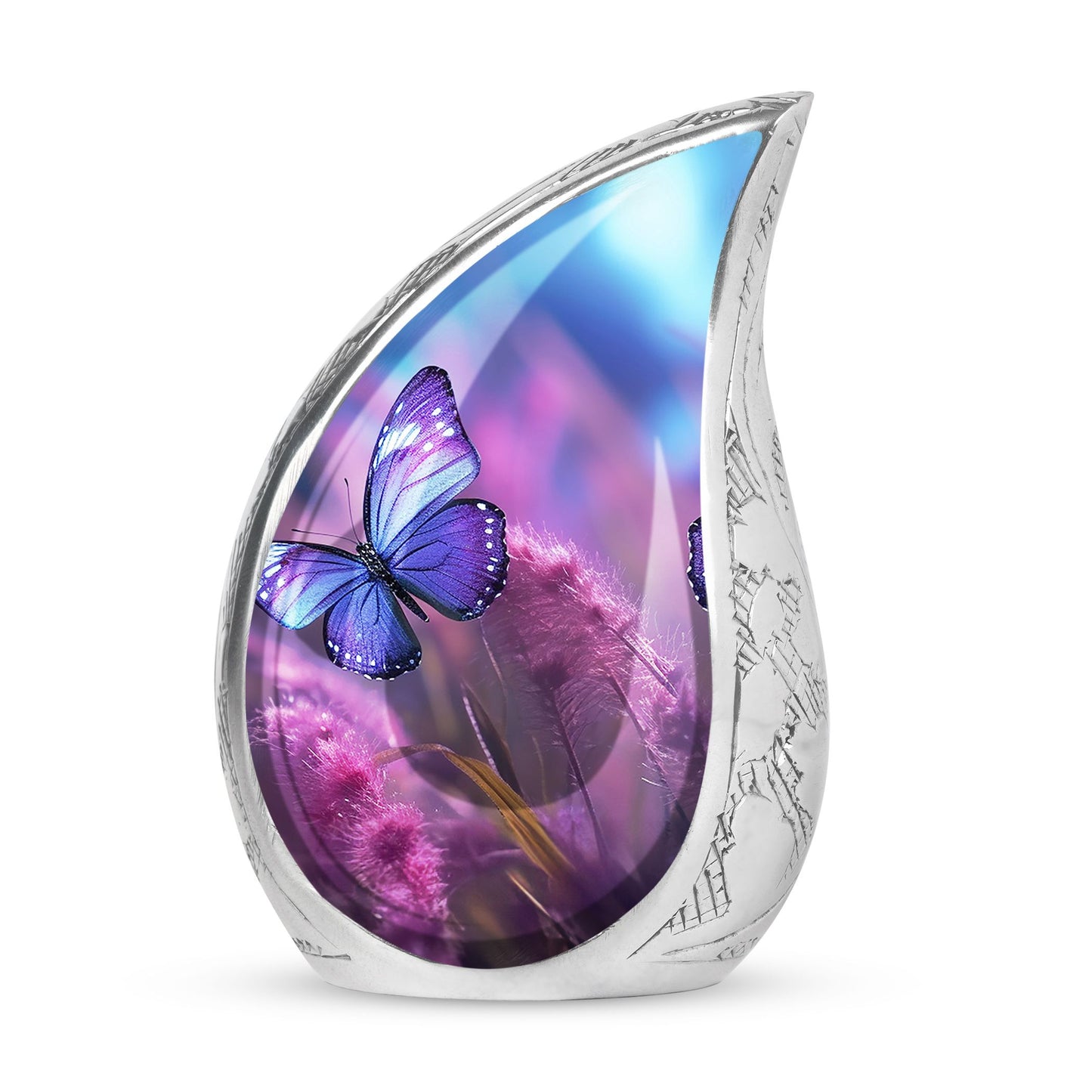 Sturdy adult cremation urn in purple featuring an artistic butterfly design for safekeeping of human ashes