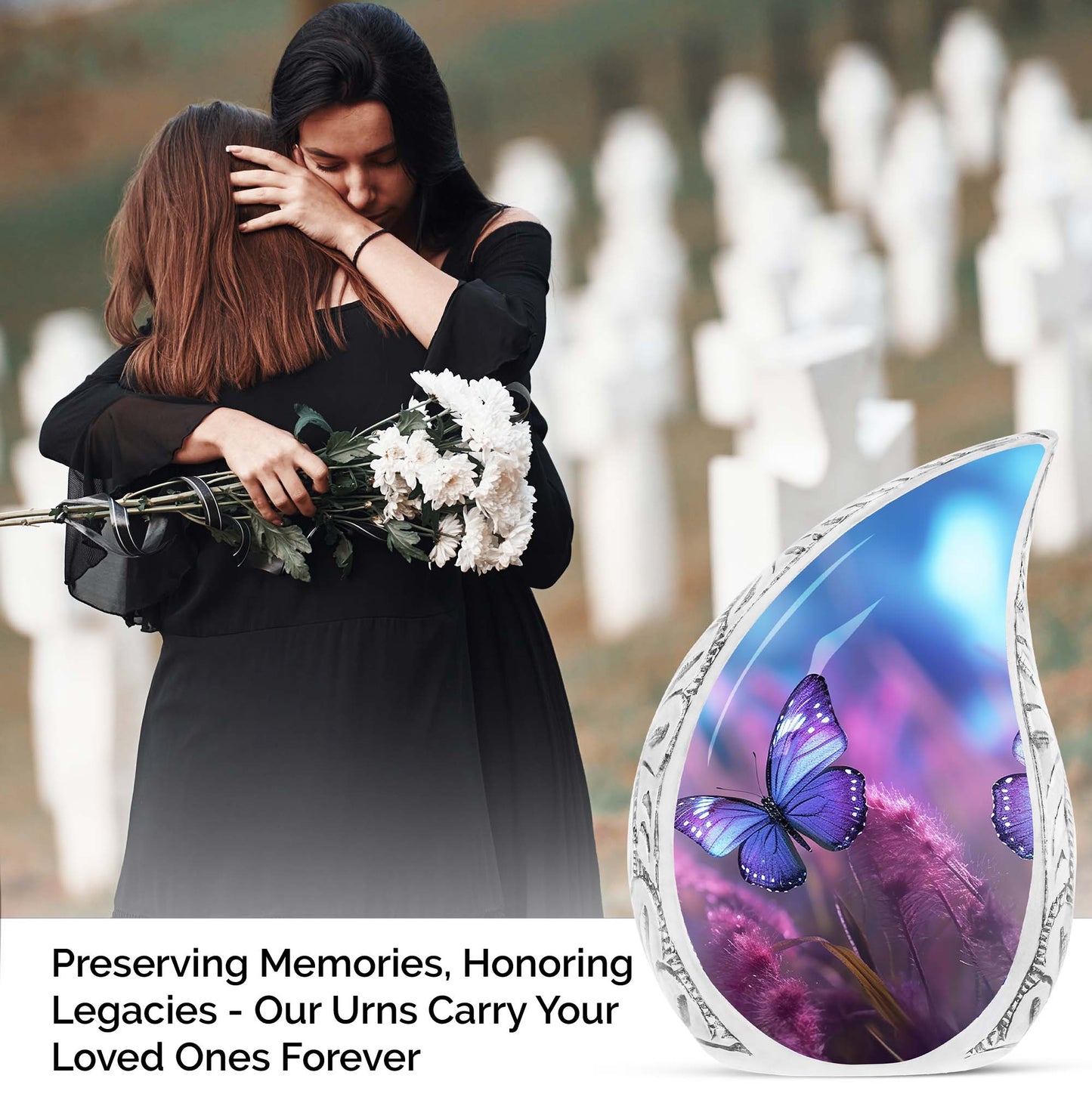 Sturdy adult cremation urn in purple featuring an artistic butterfly design for safekeeping of human ashes