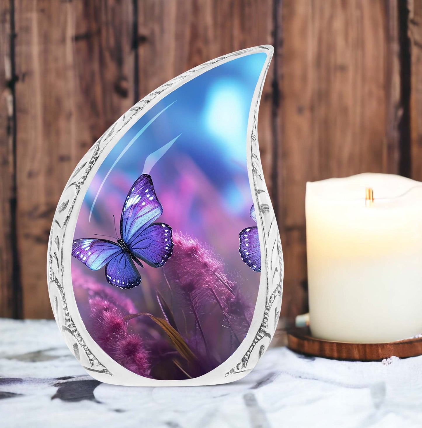 Sturdy adult cremation urn in purple featuring an artistic butterfly design for safekeeping of human ashes