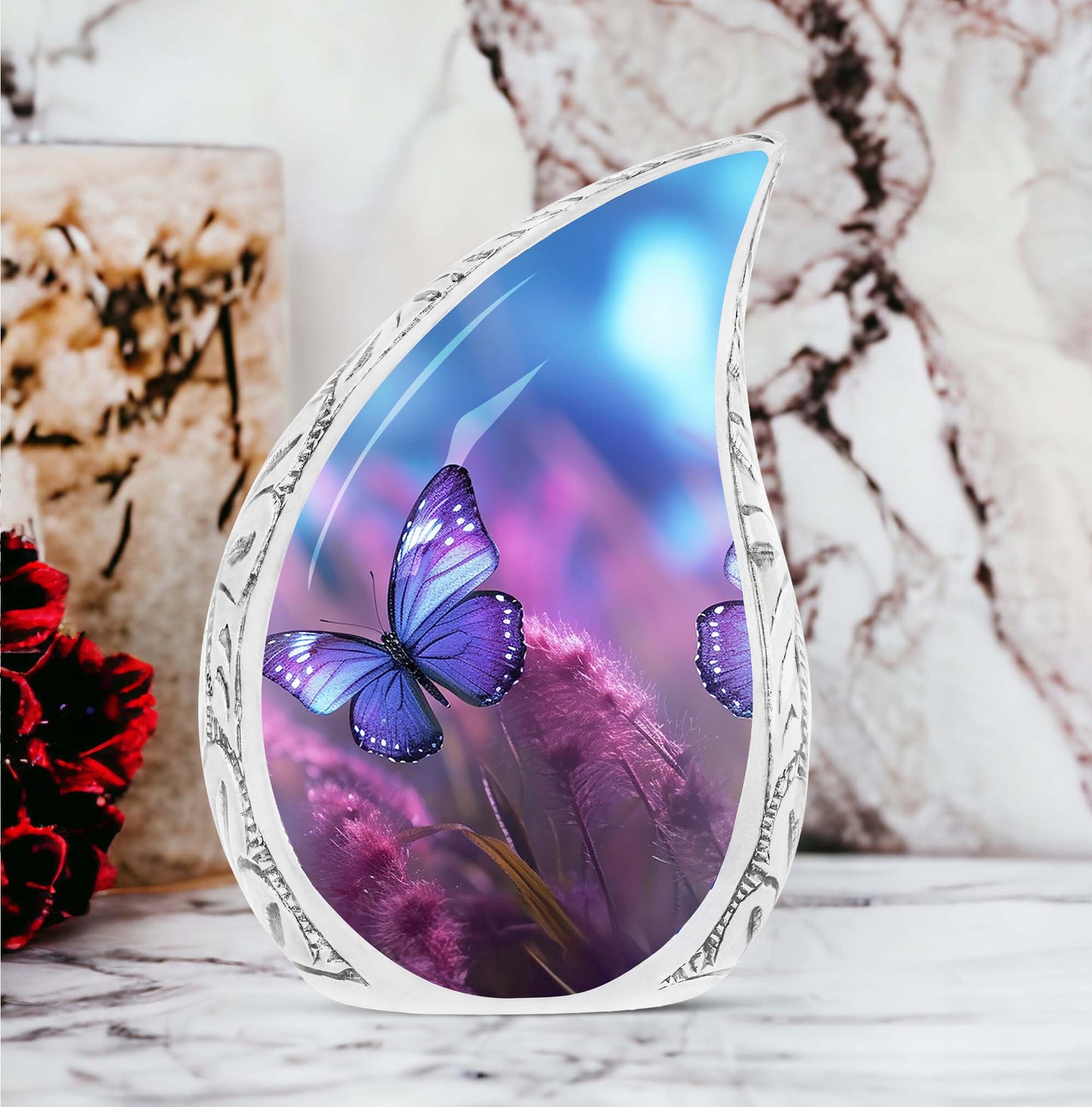 Sturdy adult cremation urn in purple featuring an artistic butterfly design for safekeeping of human ashes