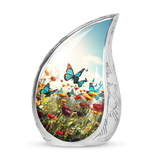 Vibrant butterflies urn for human ashes, perfect for aesthetic funeral needs and cremation memorials