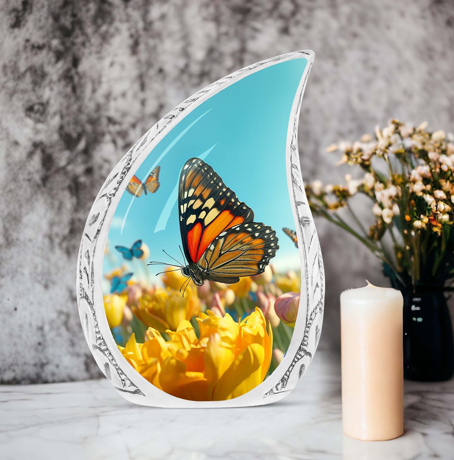 Large Butterflies Urn for adult male ashes, used as a decorative Cremation Keepsake.