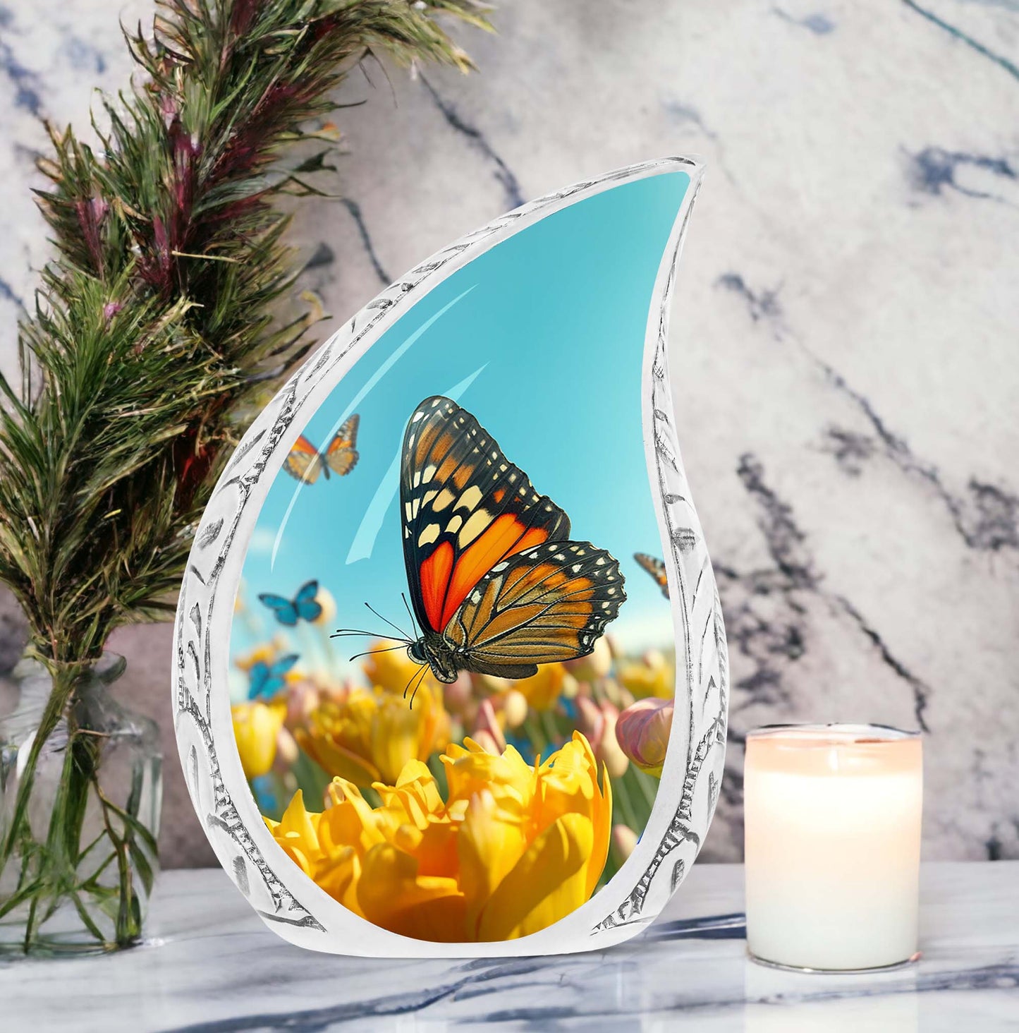 Large Butterflies Urn for adult male ashes, used as a decorative Cremation Keepsake.
