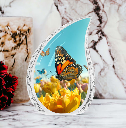 Large Butterflies Urn for adult male ashes, used as a decorative Cremation Keepsake.