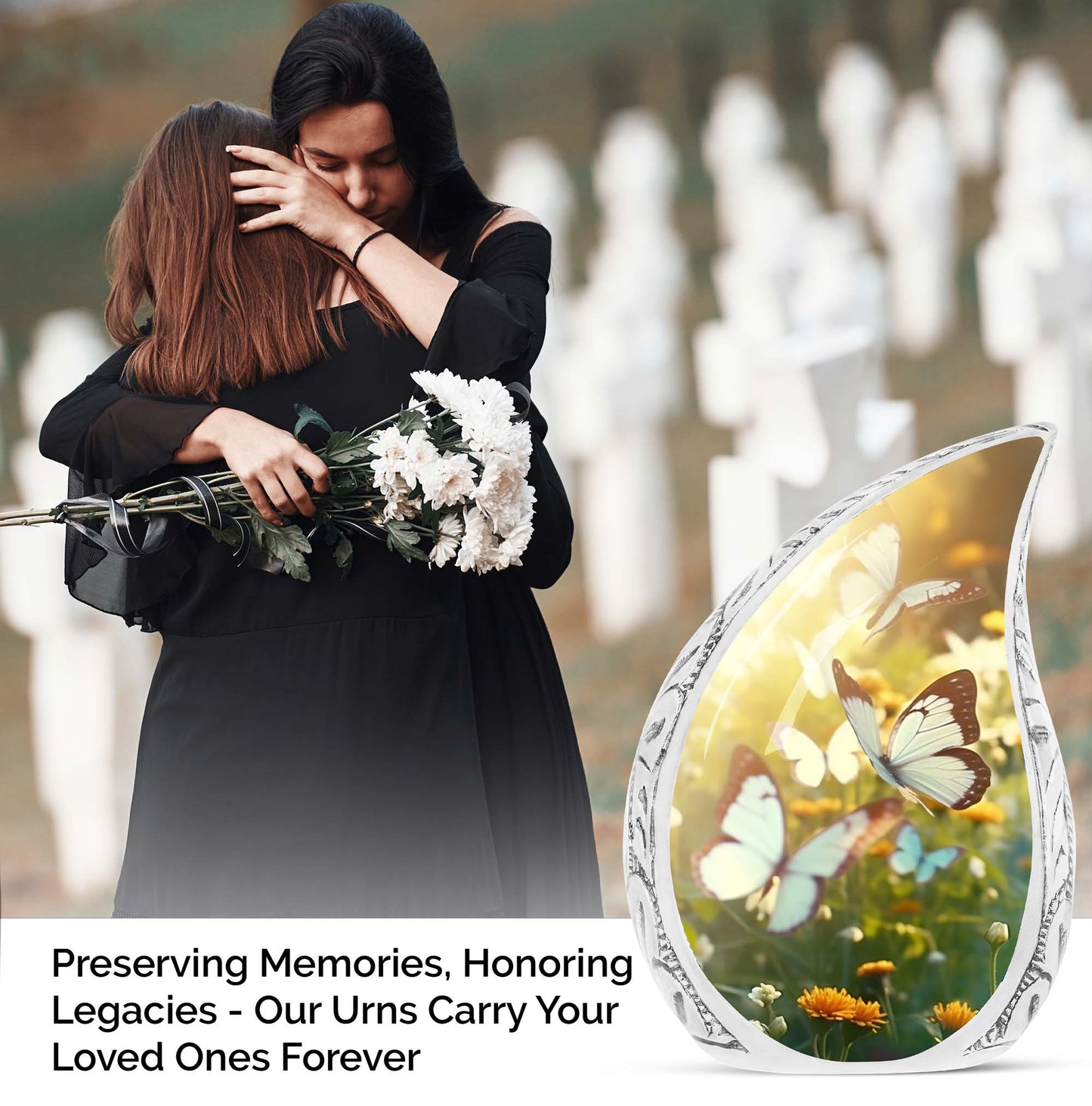 Butterflies flying over sunset imprinted on a large urn for adult human ashes