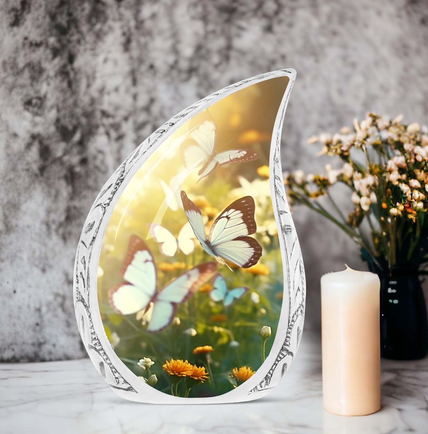 Butterflies flying over sunset imprinted on a large urn for adult human ashes