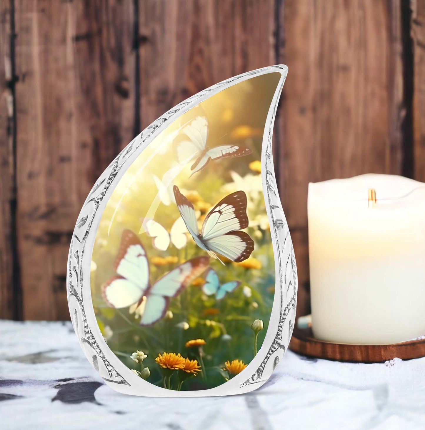 Butterflies flying over sunset imprinted on a large urn for adult human ashes