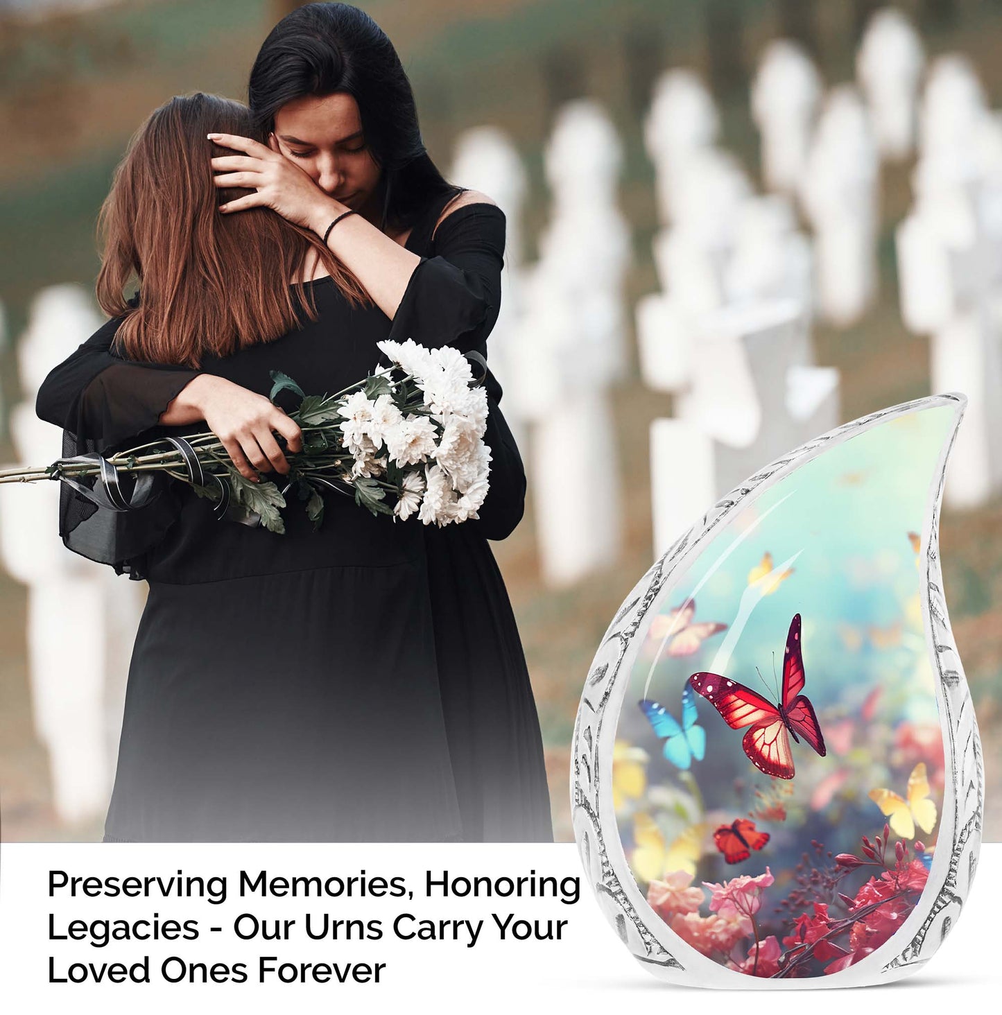Colorful butterflies on a large urn intended for adult human ashes, specifically mothers
