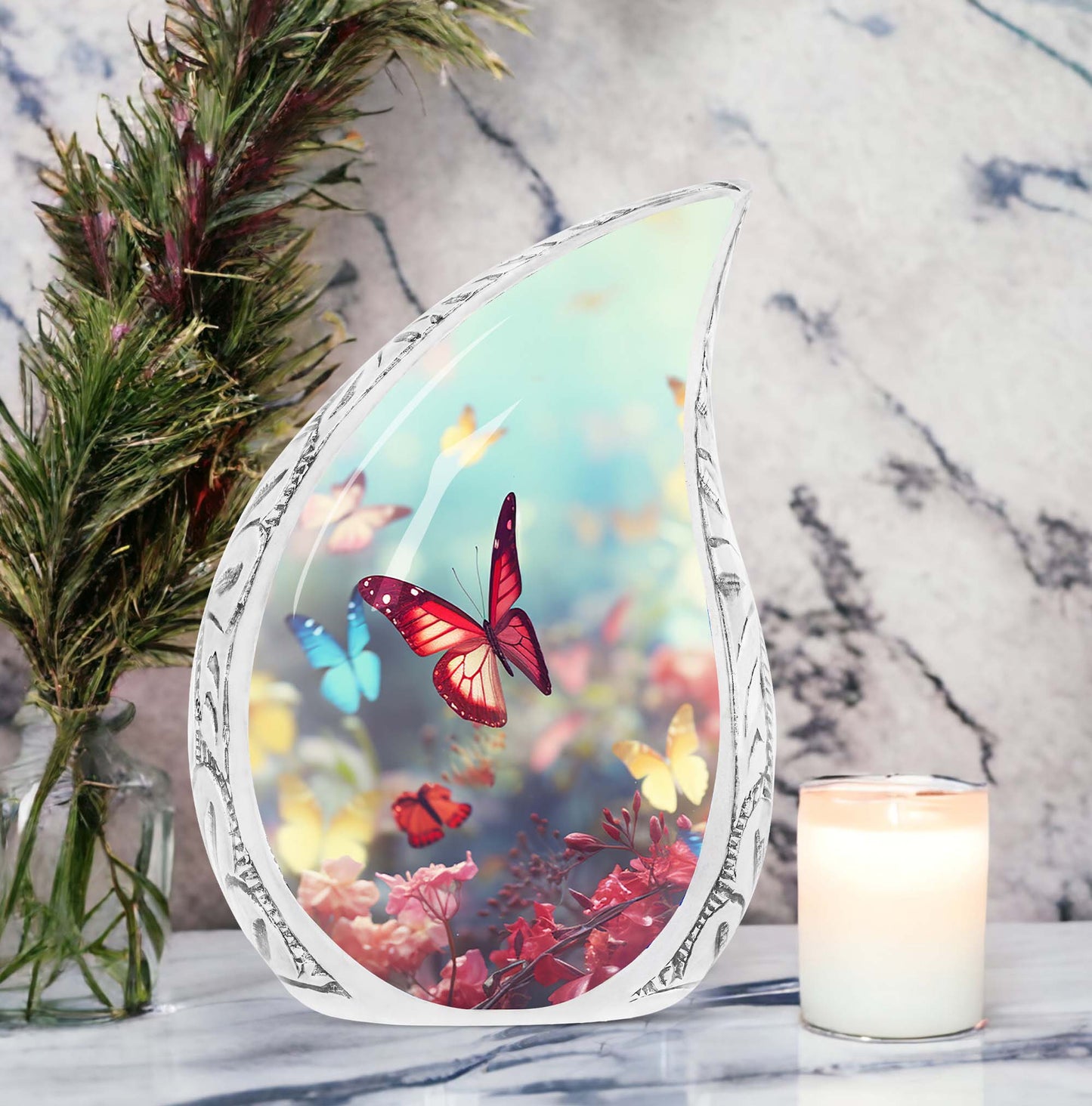 Colorful butterflies on a large urn intended for adult human ashes, specifically mothers