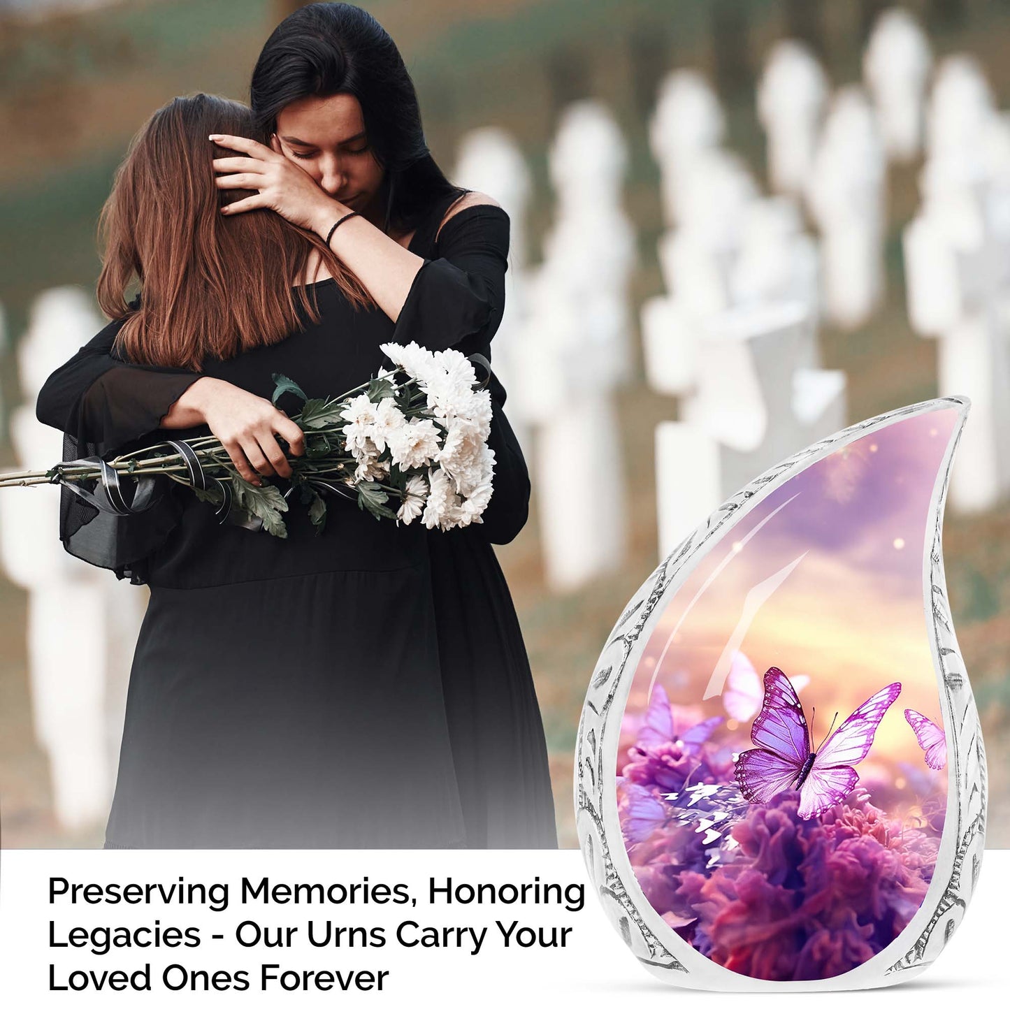 Large butterfly themed urn for adult human ashes, with a sunset meadow design.