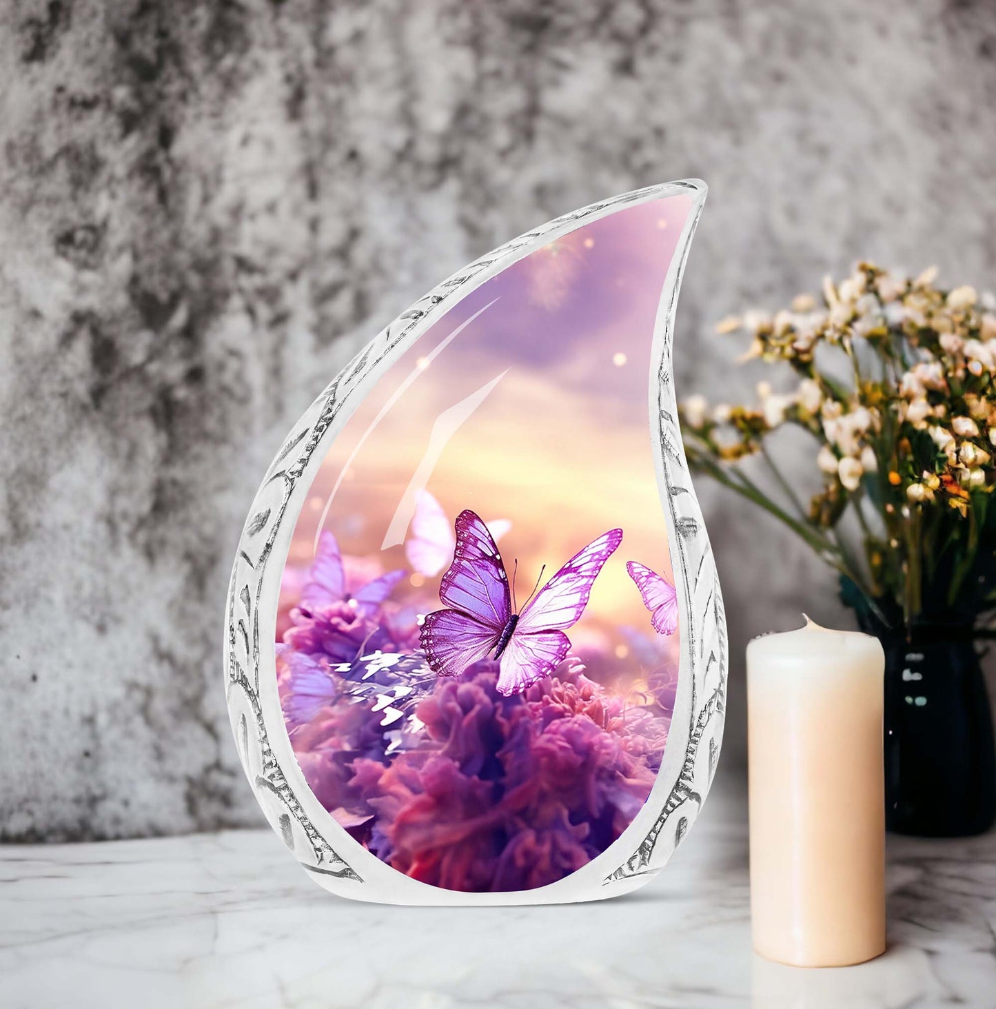 Large butterfly themed urn for adult human ashes, with a sunset meadow design.