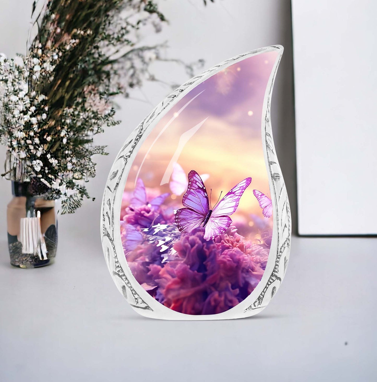 Large butterfly themed urn for adult human ashes, with a sunset meadow design.