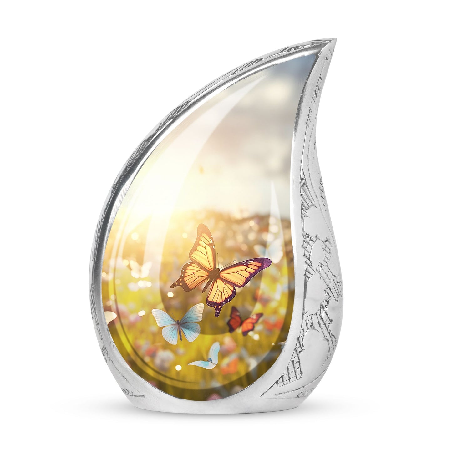 Large urn ornately designed with butterflies on a sunset meadow, ideal for human ashes adult female burial or cremation