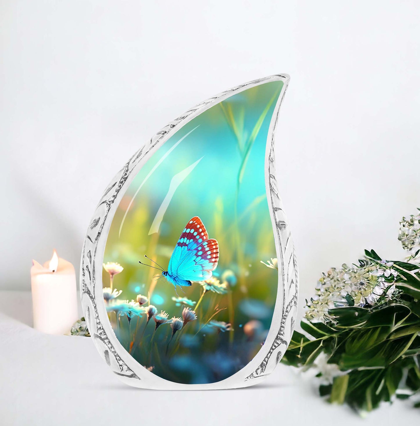 Large cremation urn for adults, featuring a unique butterfly design in a meadow, perfect metal container for ashes