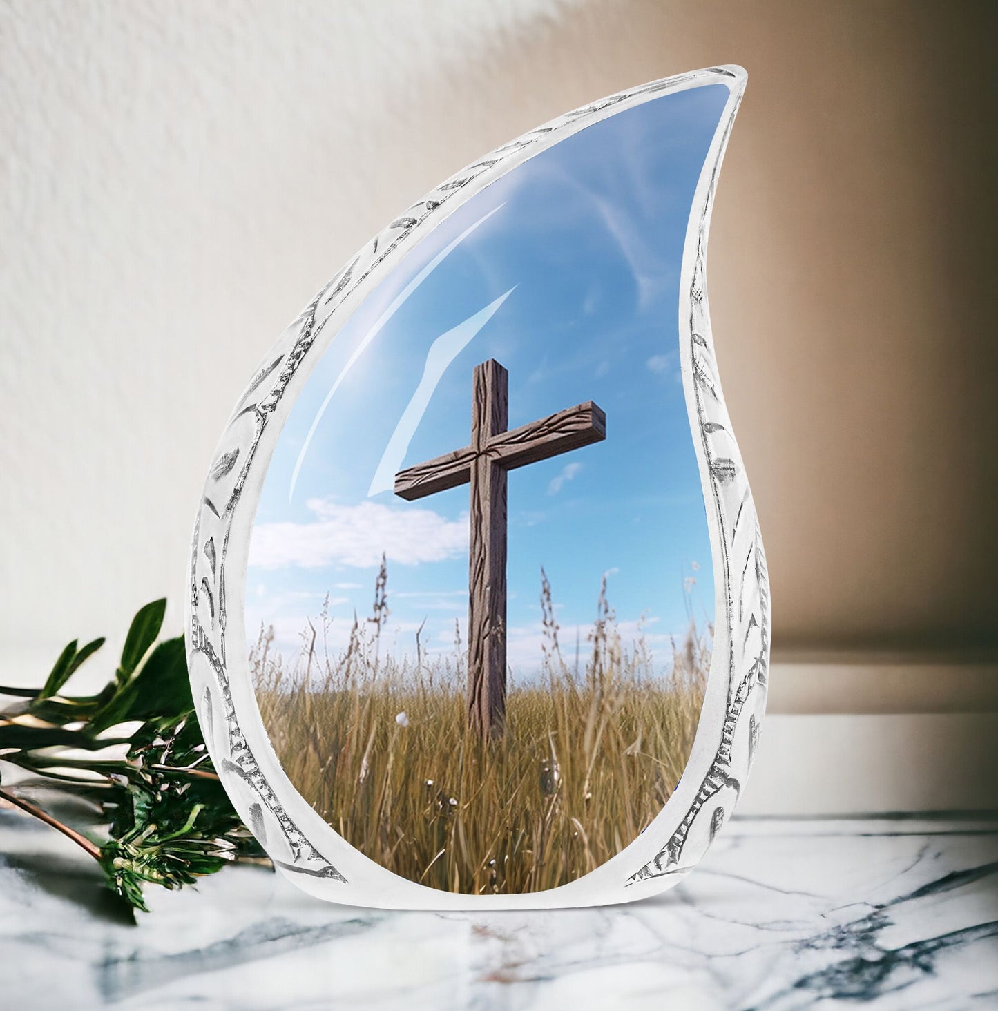 Large Christ Urns for human ashes, suitable for burial in ground under blue sky