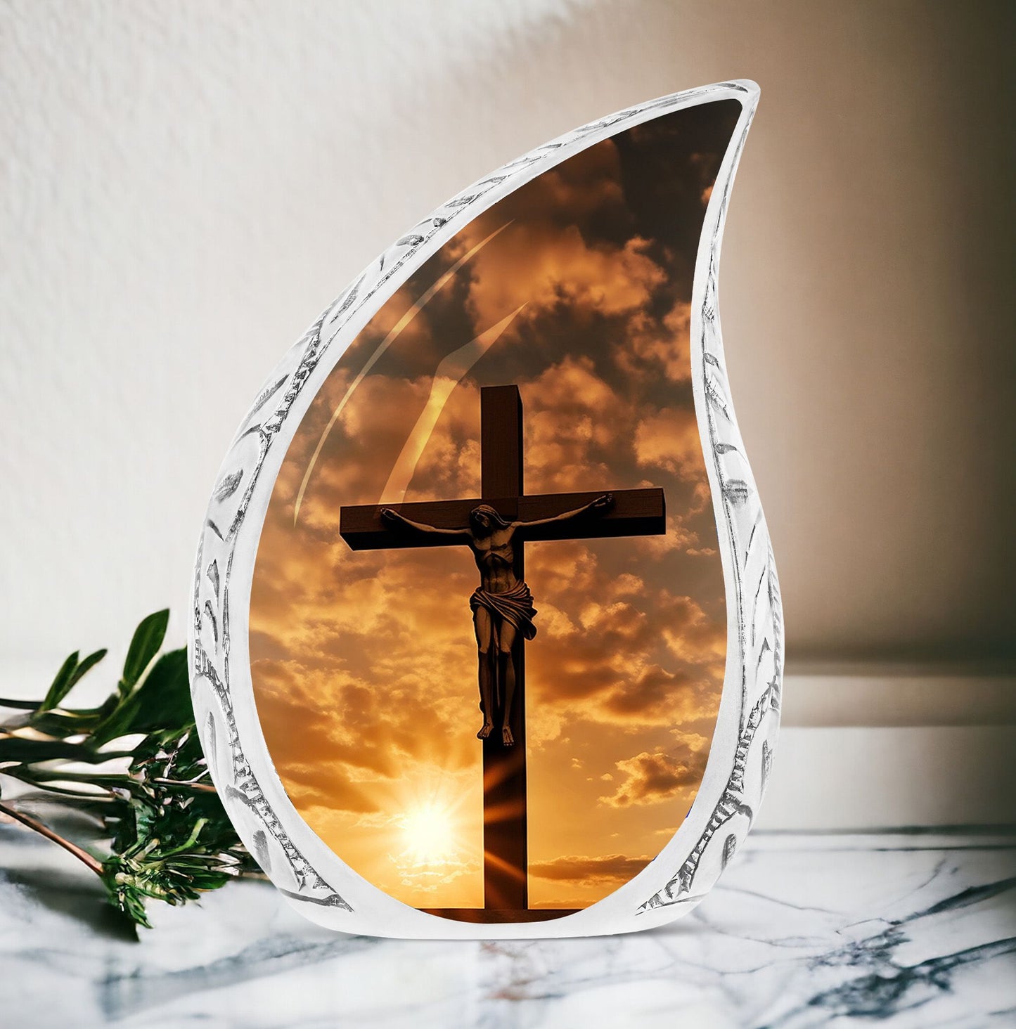 Large Christ Sunset Urn, designed for adult male cremation ashes, part of funeral decorations