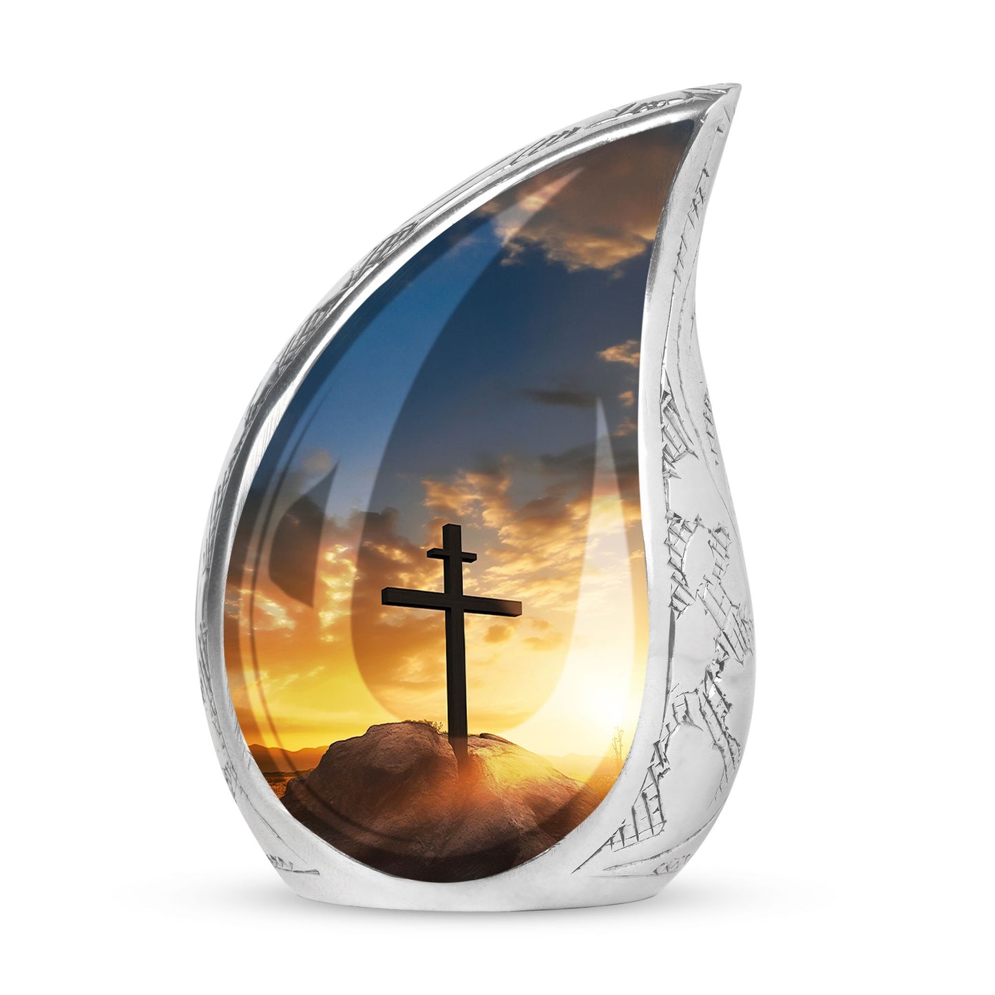 Large Christ-themed urn for ashes depicting a sunset sky, ideal for adult human ashes storage