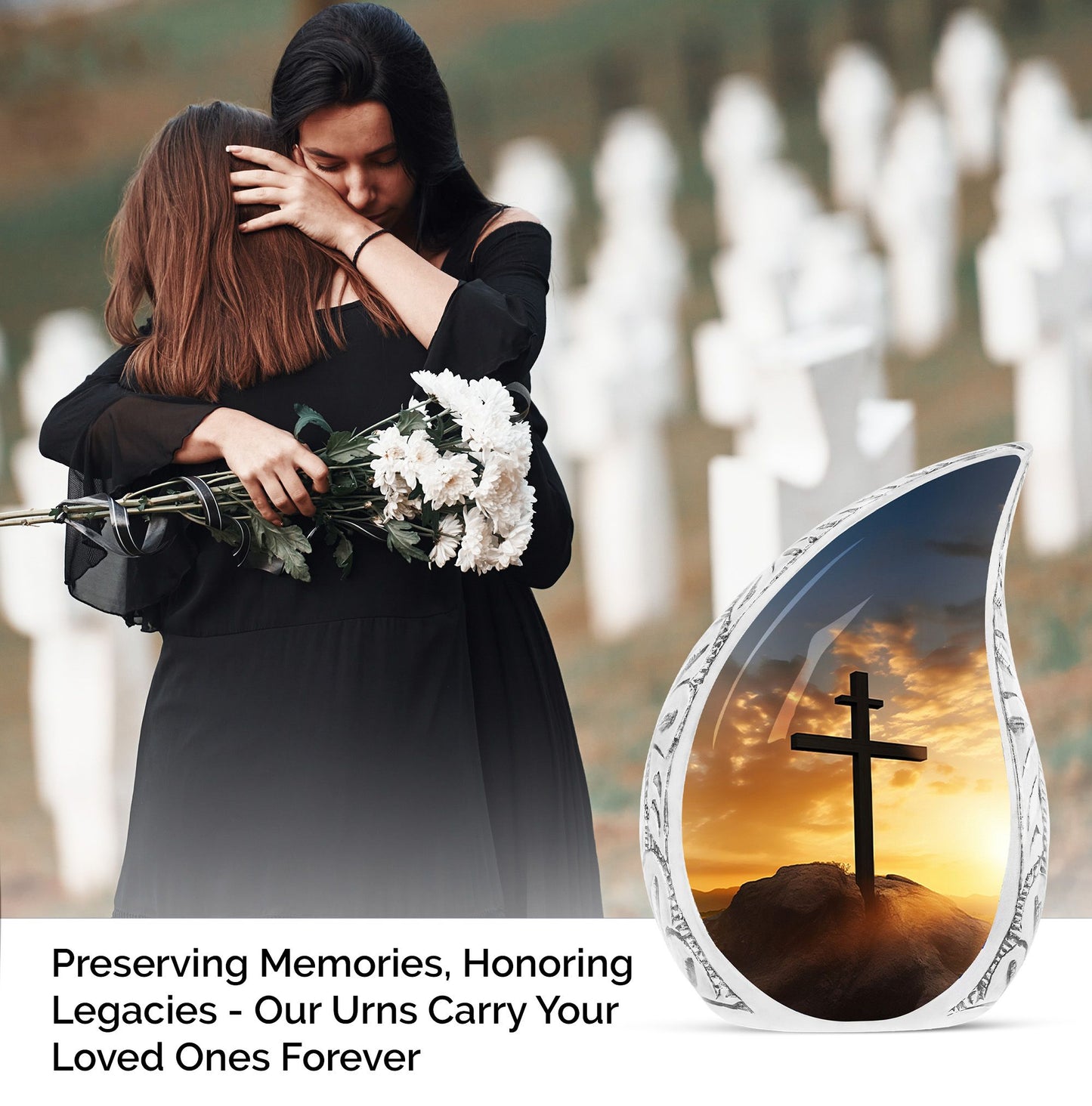 Large Christ-themed urn for ashes depicting a sunset sky, ideal for adult human ashes storage