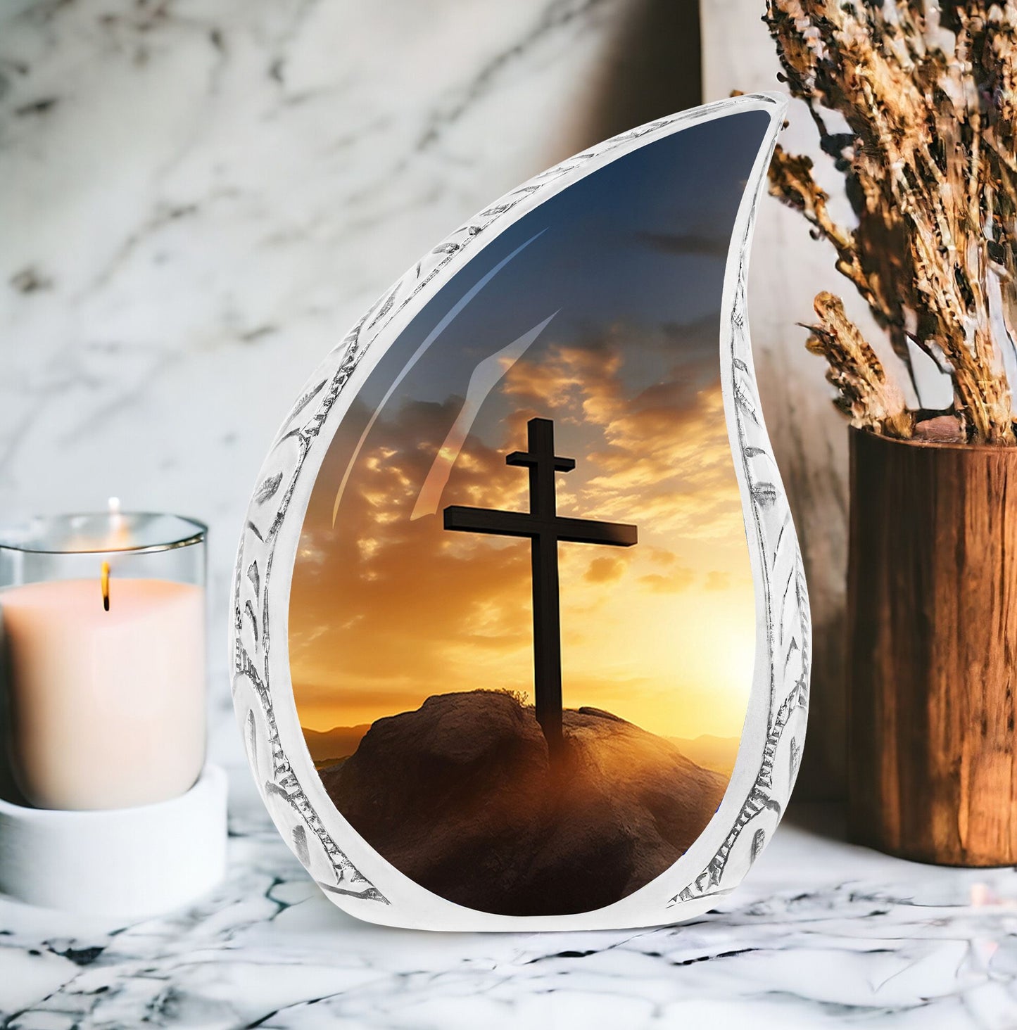 Large Christ-themed urn for ashes depicting a sunset sky, ideal for adult human ashes storage