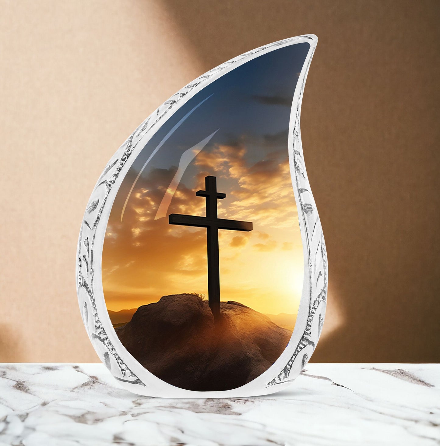 Large Christ-themed urn for ashes depicting a sunset sky, ideal for adult human ashes storage
