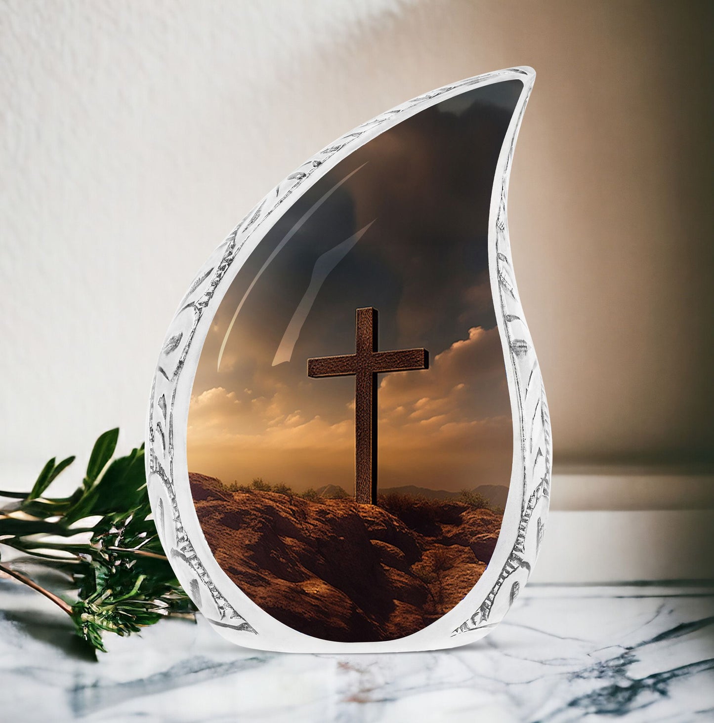 Large Christ themed urns for human ashes against a sunset sky, appropriate for funeral decorations.