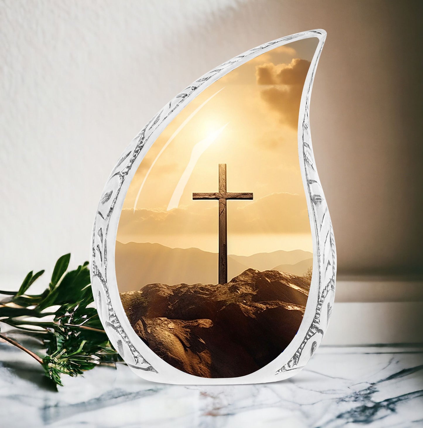 Large Christ-themed Cremation Urn showcasing a sunset over a hill, perfect memorials for ashes, suitable for men