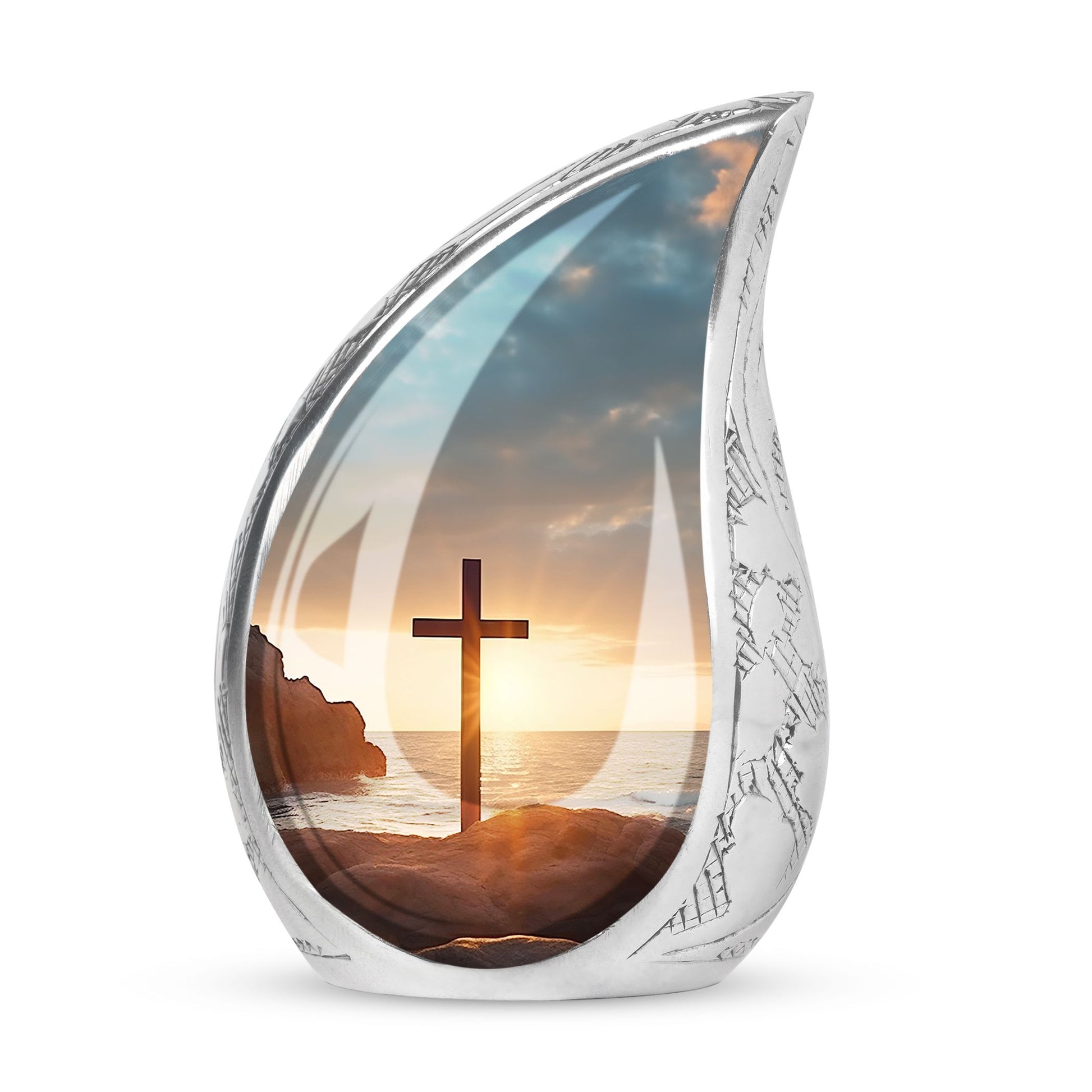 Large Christ Urn with Ocean Background for adult female ashes burial, a unique and beautiful funeral decoration