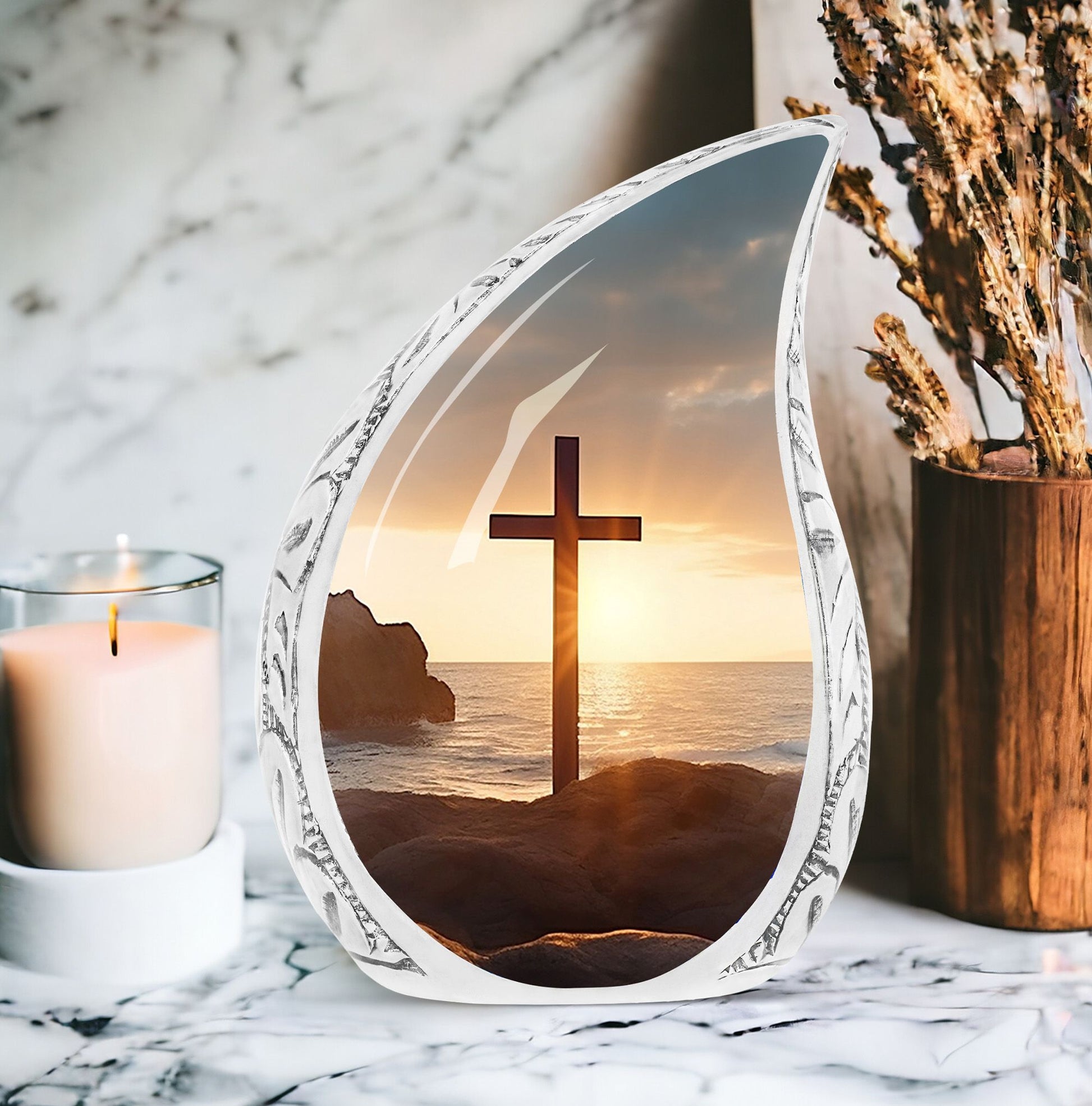 Large Christ Urn with Ocean Background for adult female ashes burial, a unique and beautiful funeral decoration