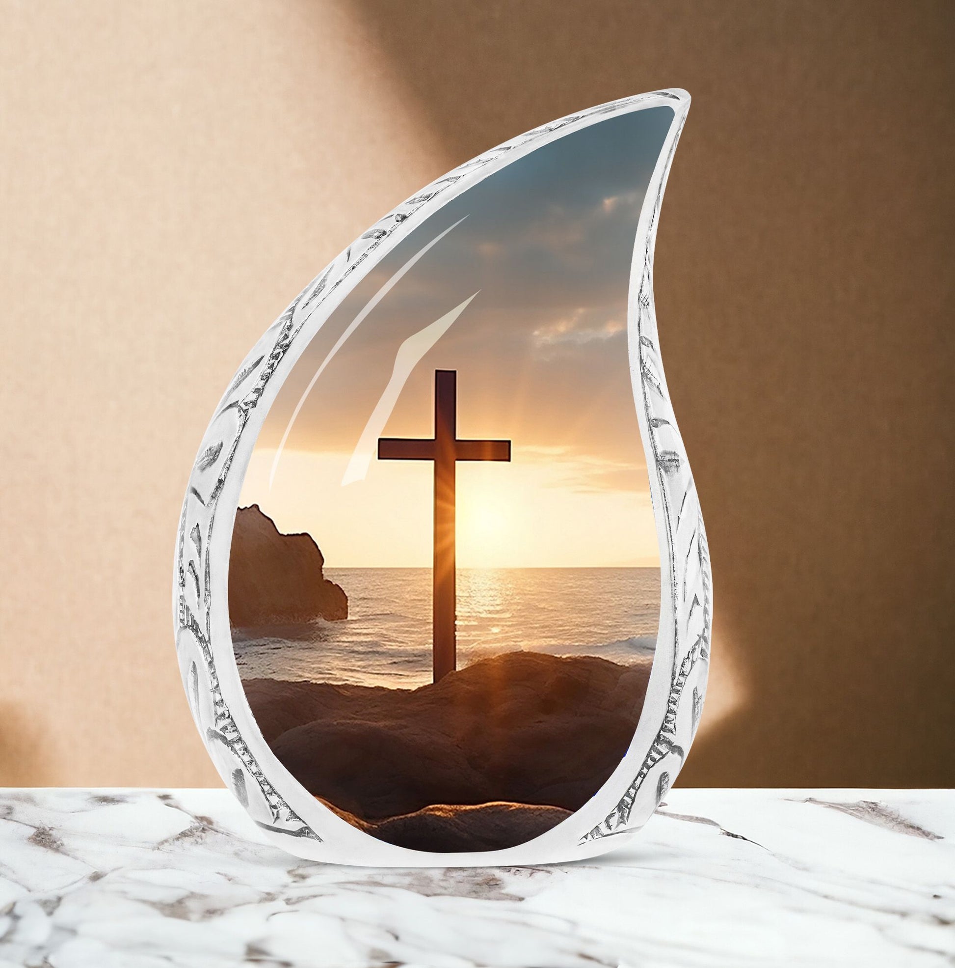 Large Christ Urn with Ocean Background for adult female ashes burial, a unique and beautiful funeral decoration