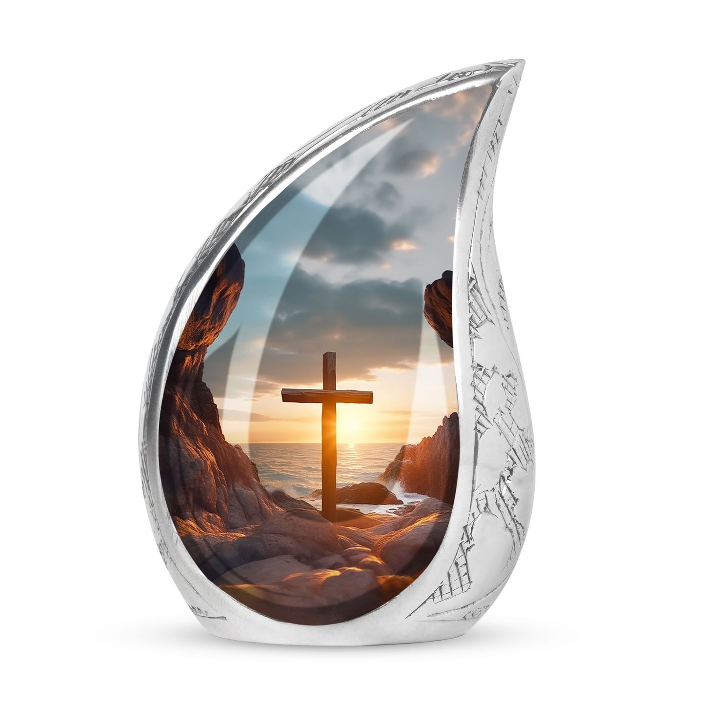 Large Christ themed urn with ocean background, suitable for adult male ashes, a distinctive piece for a funeral