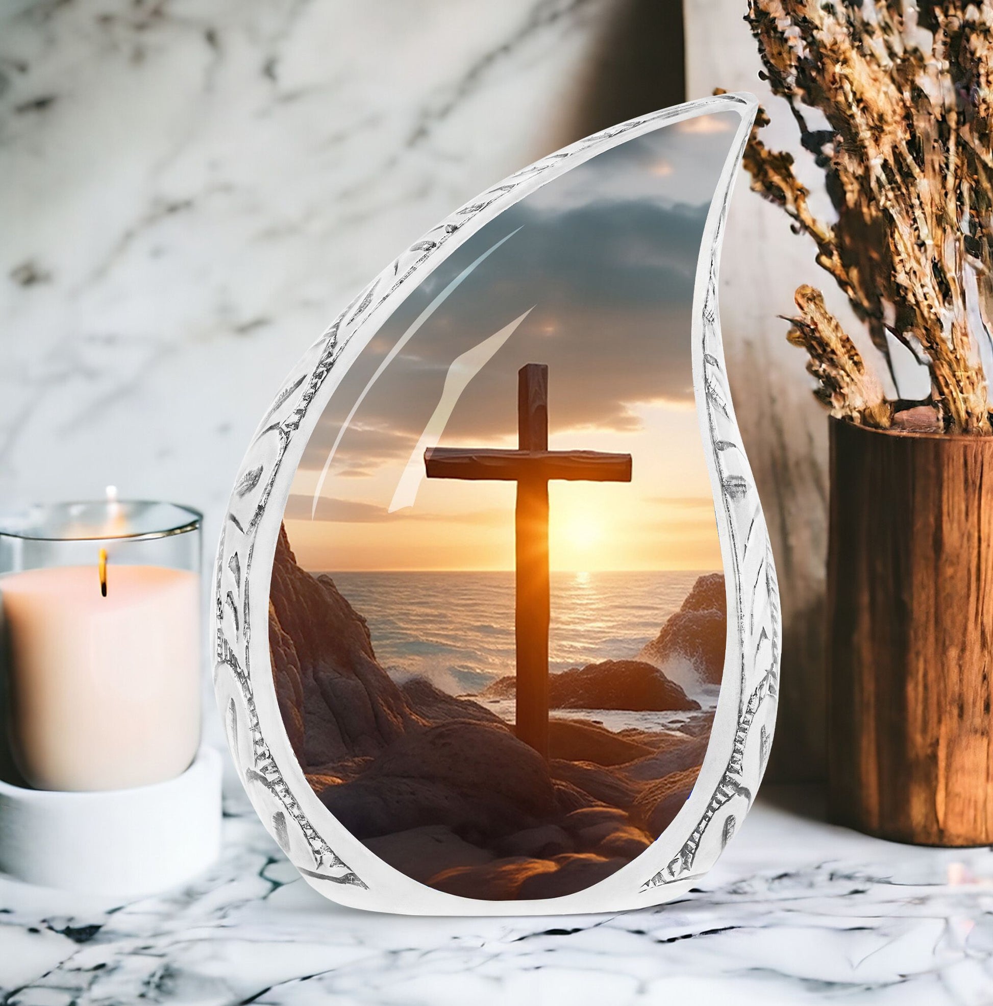 Large Christ themed urn with ocean background, suitable for adult male ashes, a distinctive piece for a funeral