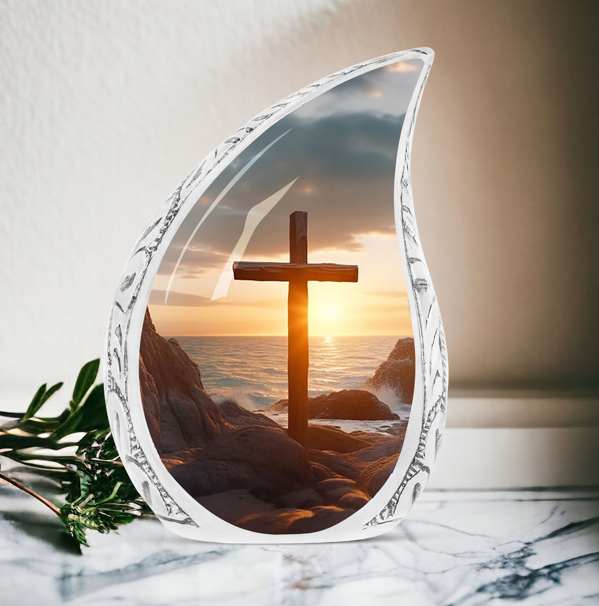 Large Christ themed urn with ocean background, suitable for adult male ashes, a distinctive piece for a funeral
