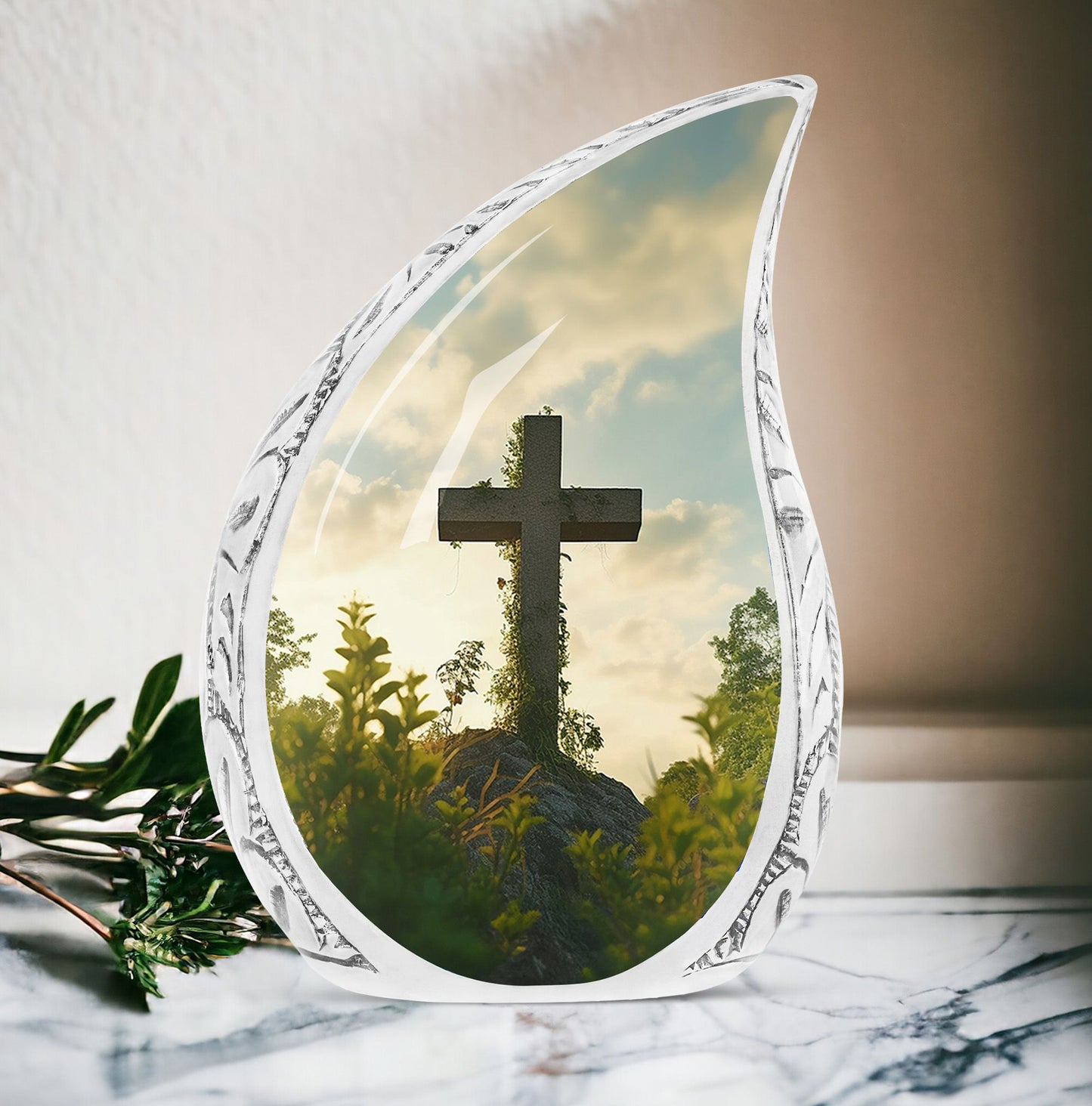 Large Christ themed burial urn with plant background, unique container for adult human ashes