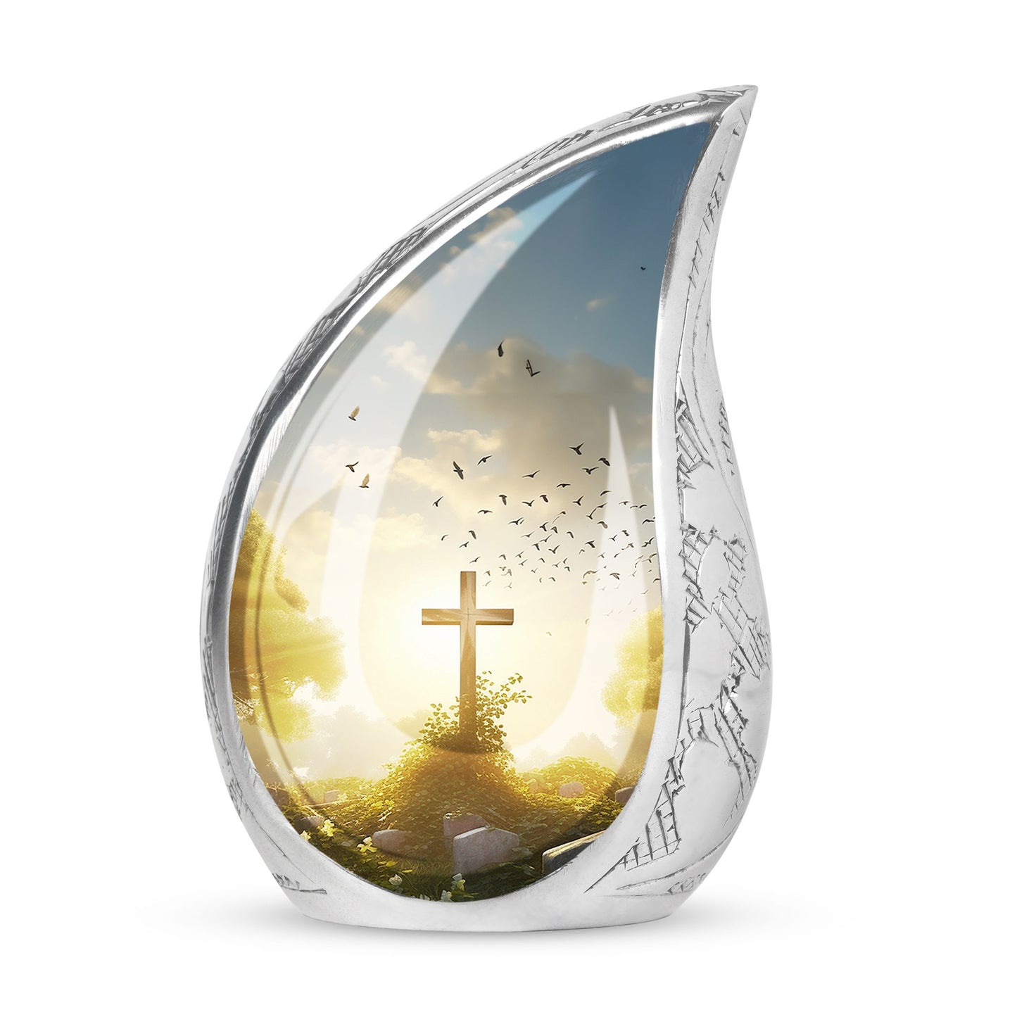 Large Christ themed funeral urn with sunset in forest background, ideal for adult human ashes burial
