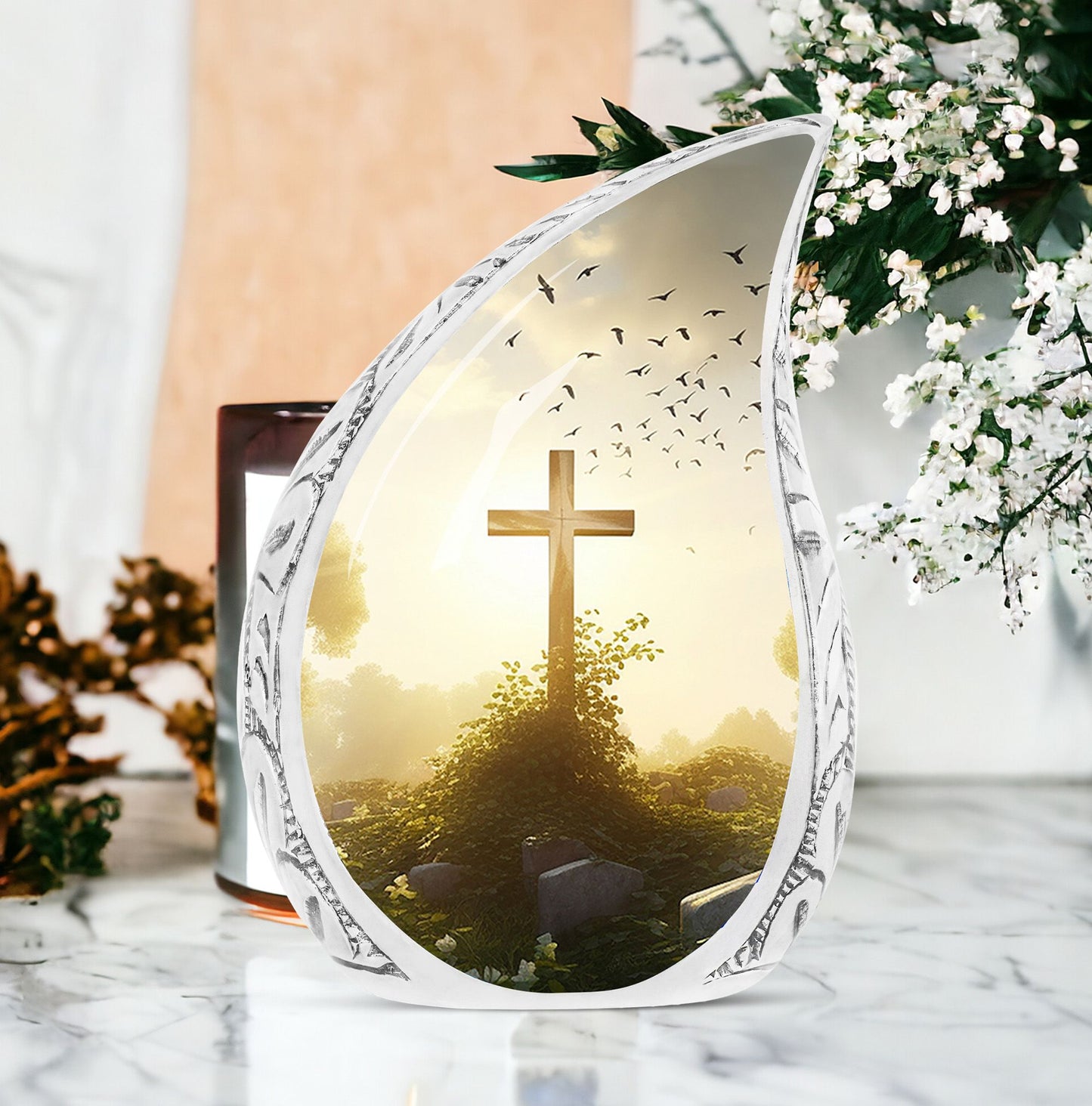 Large Christ themed funeral urn with sunset in forest background, ideal for adult human ashes burial