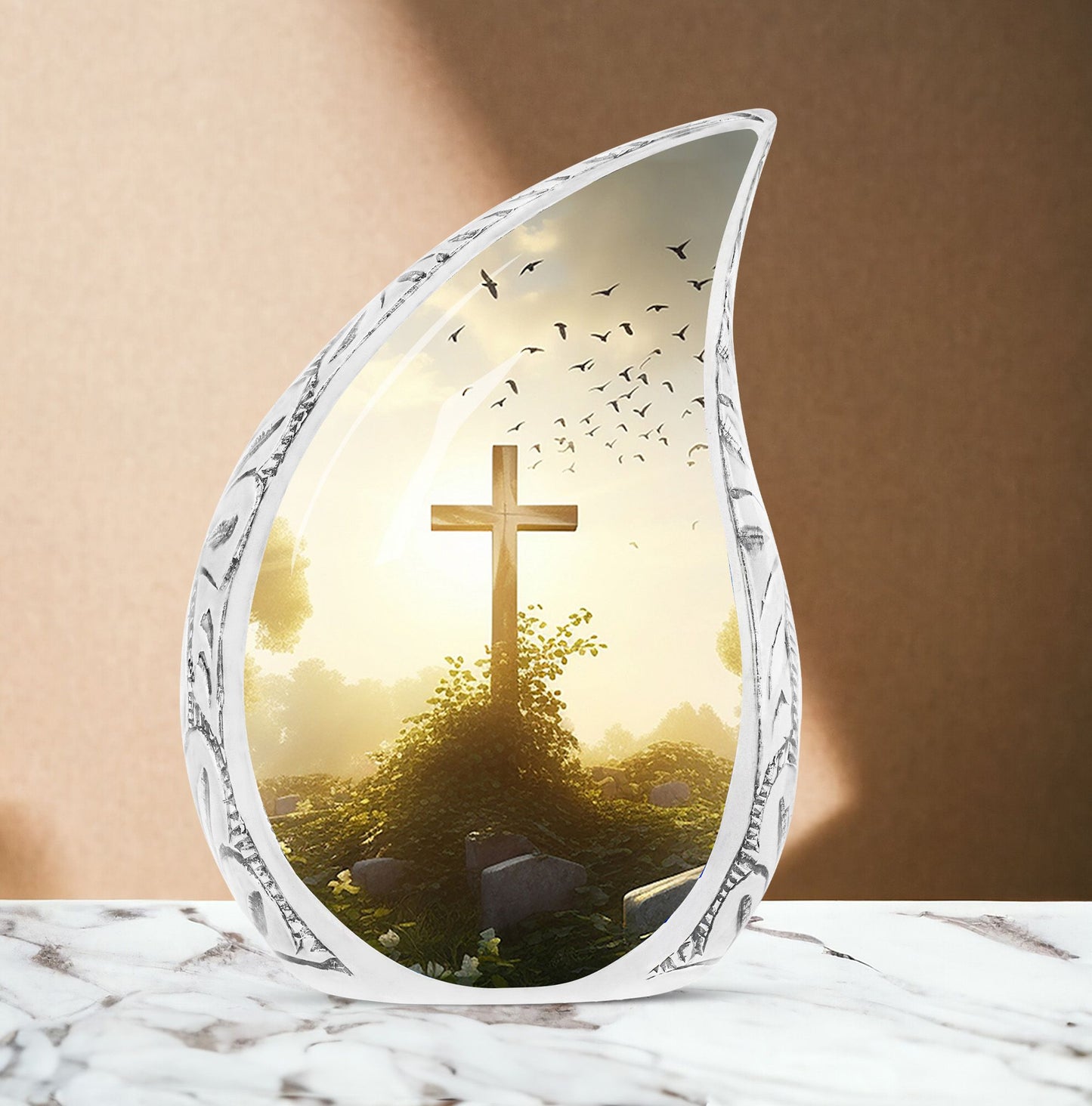Large Christ themed funeral urn with sunset in forest background, ideal for adult human ashes burial
