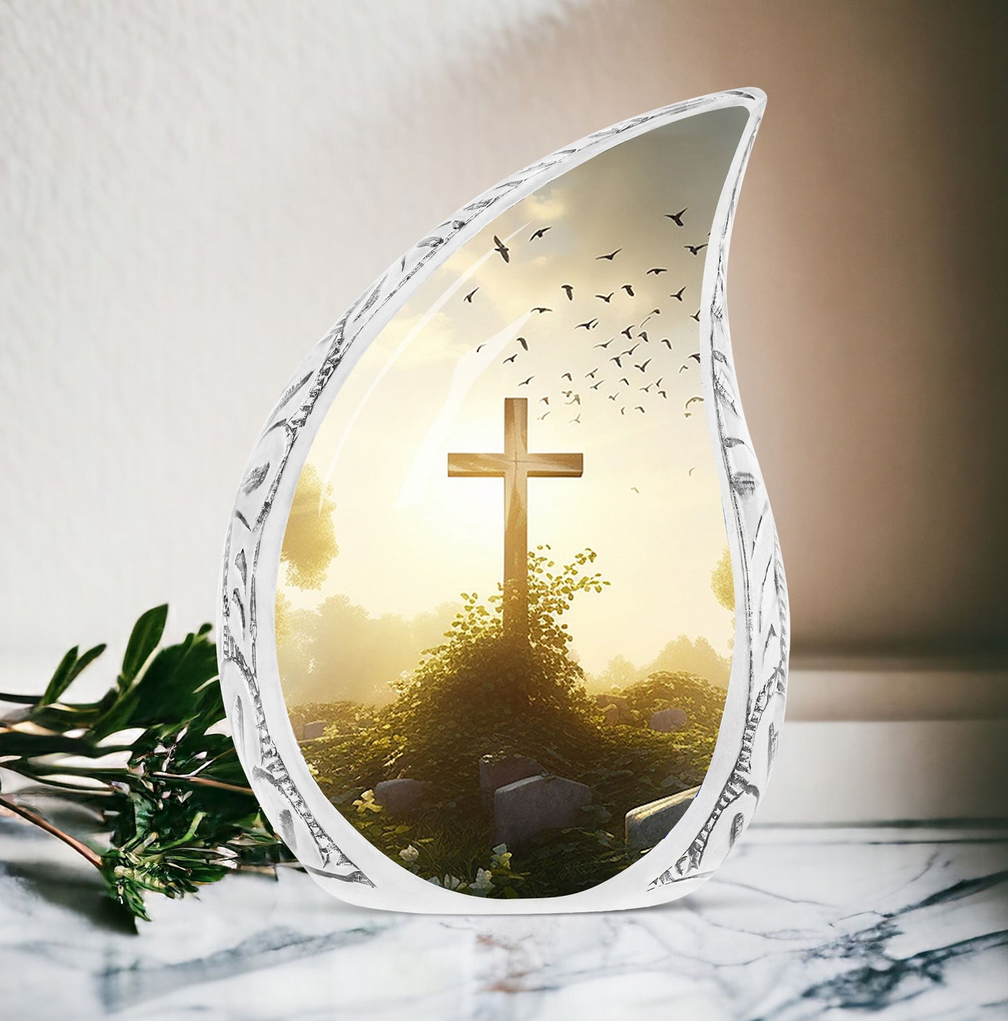 Large Christ themed funeral urn with sunset in forest background, ideal for adult human ashes burial
